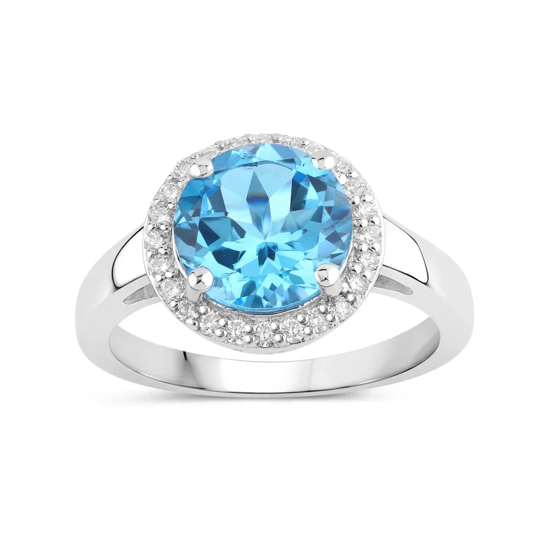 Natural Swiss Blue Topaz and Diamond Halo Ring