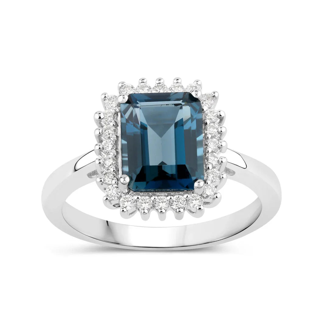Natural London Blue Topaz and Diamond Halo Ring
