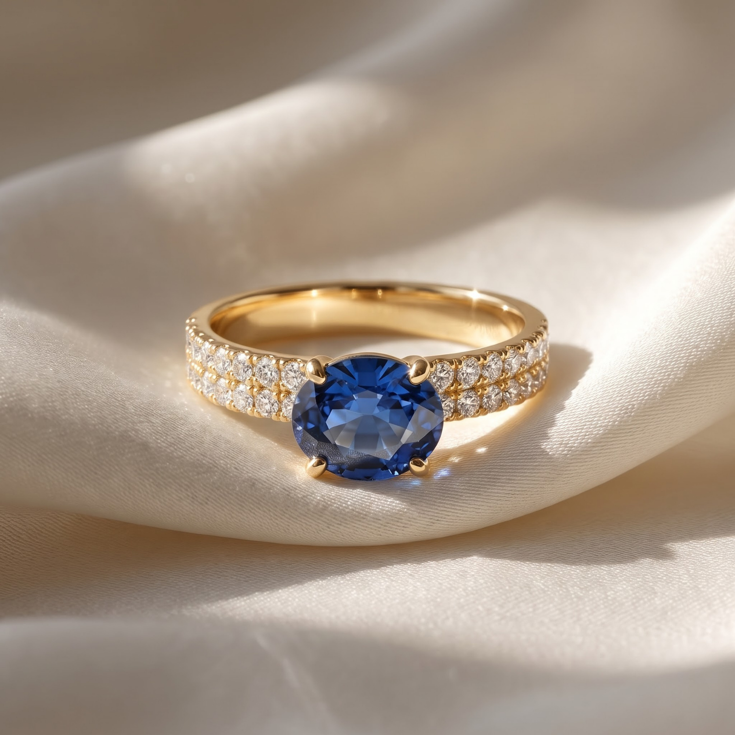 1.46 CTTW Oval Gemstone Double Row Pave Band 14k Yellow Gold Engagement Ring