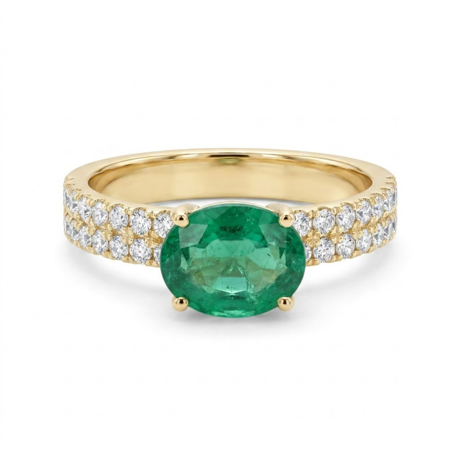 1.46 CTTW Oval Gemstone Double Row Pave Band 14k Yellow Gold Engagement Ring