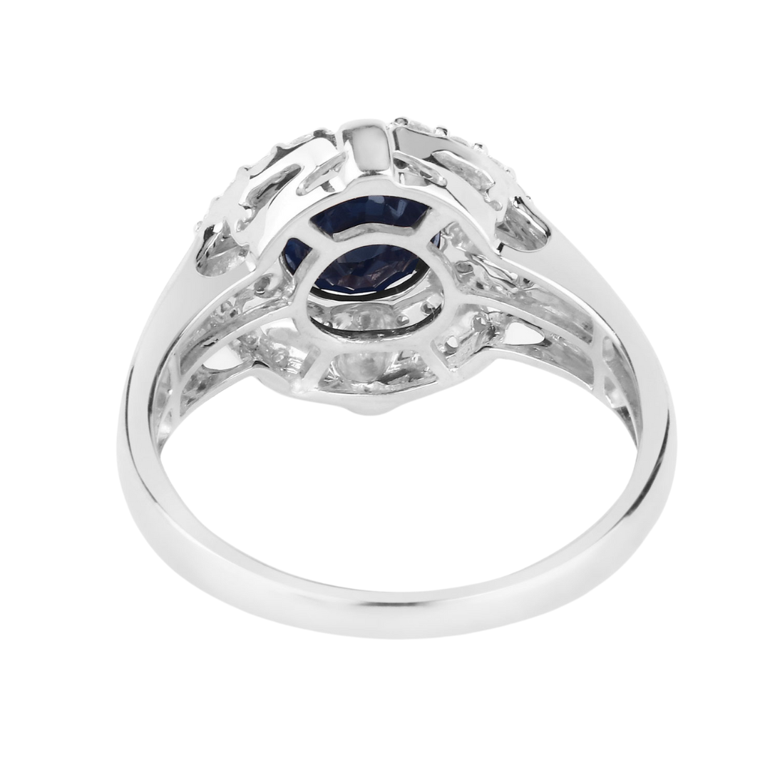 Genuine 10K Blue Sapphire and White Diamond Halo Ring