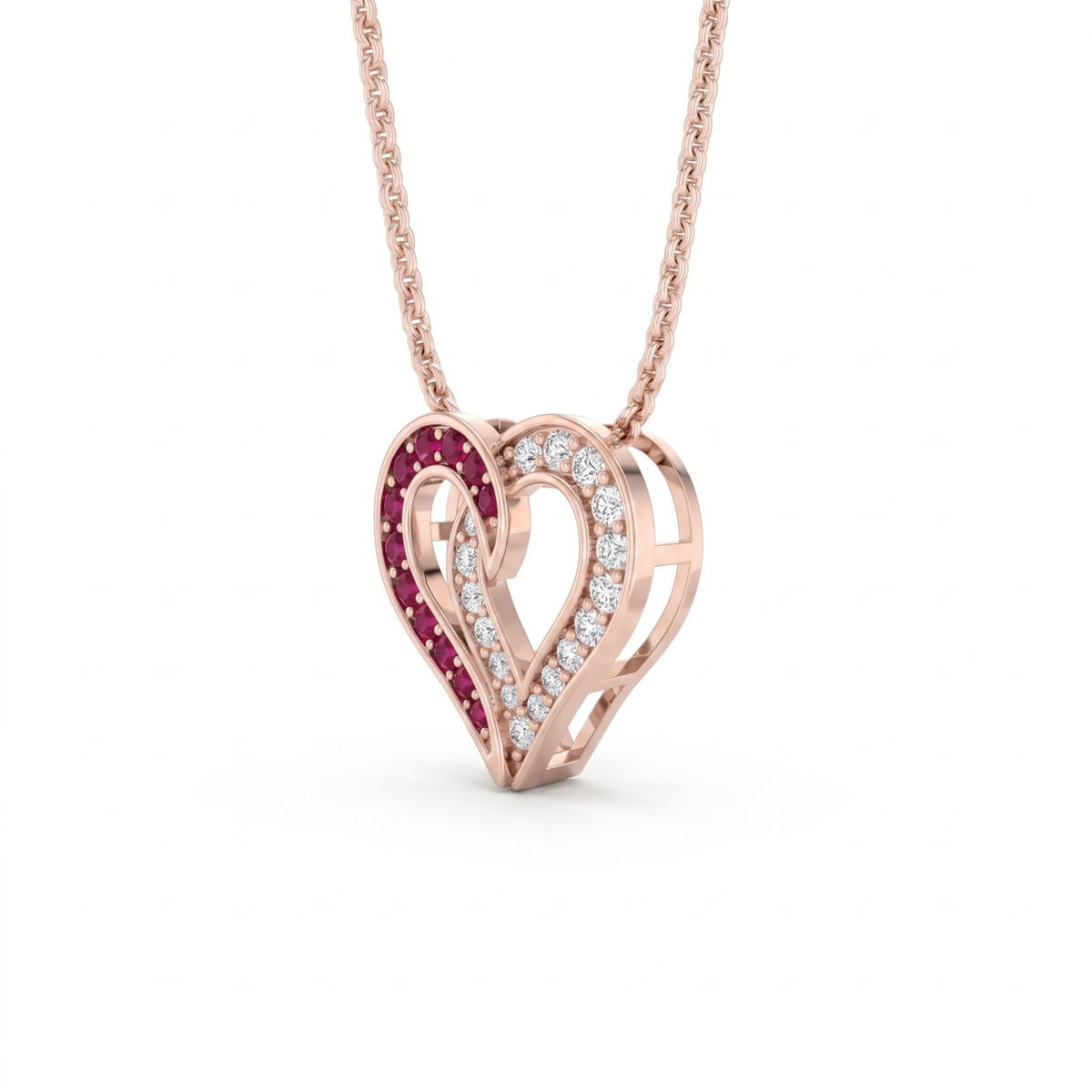0.64 cttw Round Ruby and Lab Grown Diamond 14K Gold Pave Open Heart Pendant Necklace
