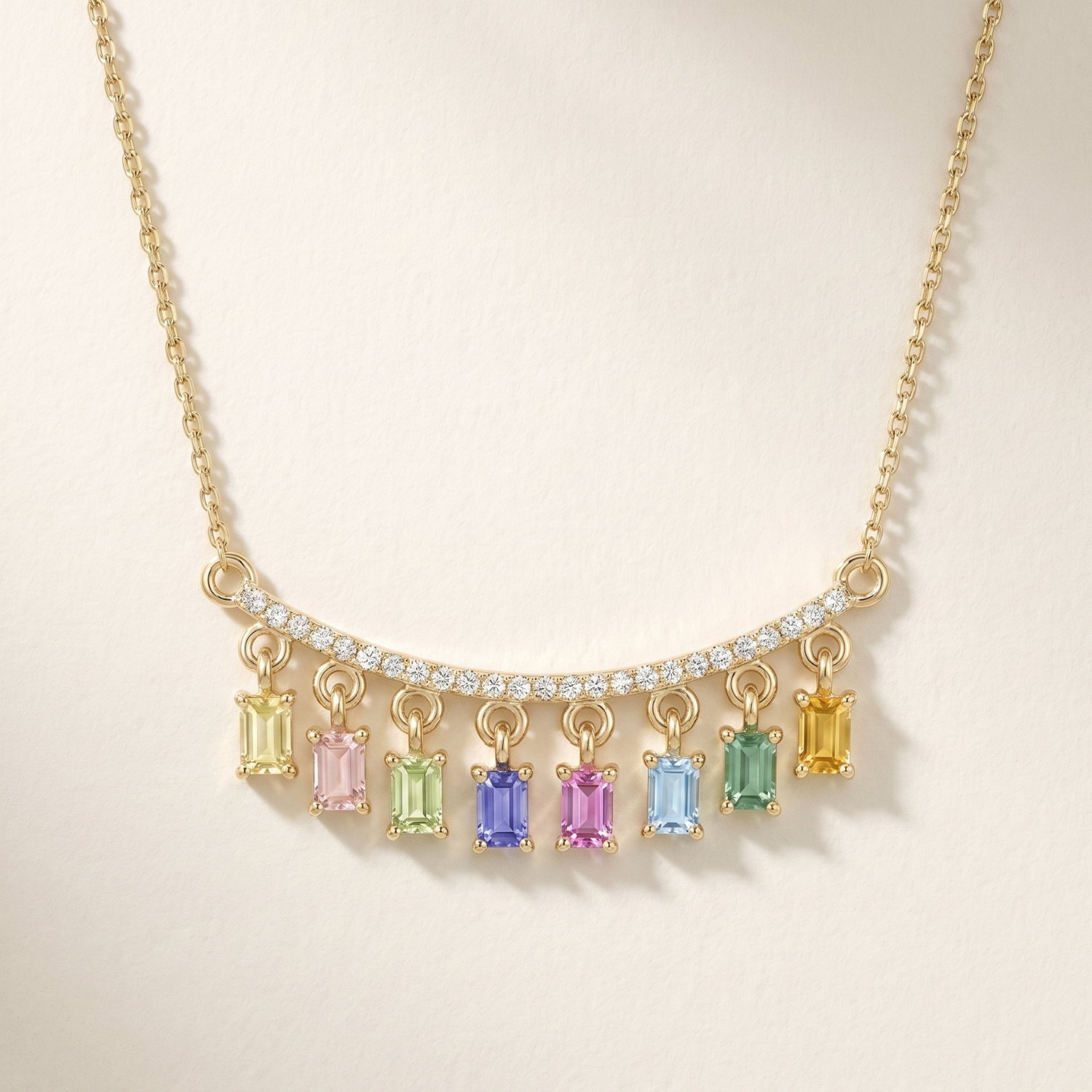 IGI Certified 0.78 Ct Baguette Multi Color Unheated Sapphire and Diamond 14K Yellow Gold Dangler Bar Necklace