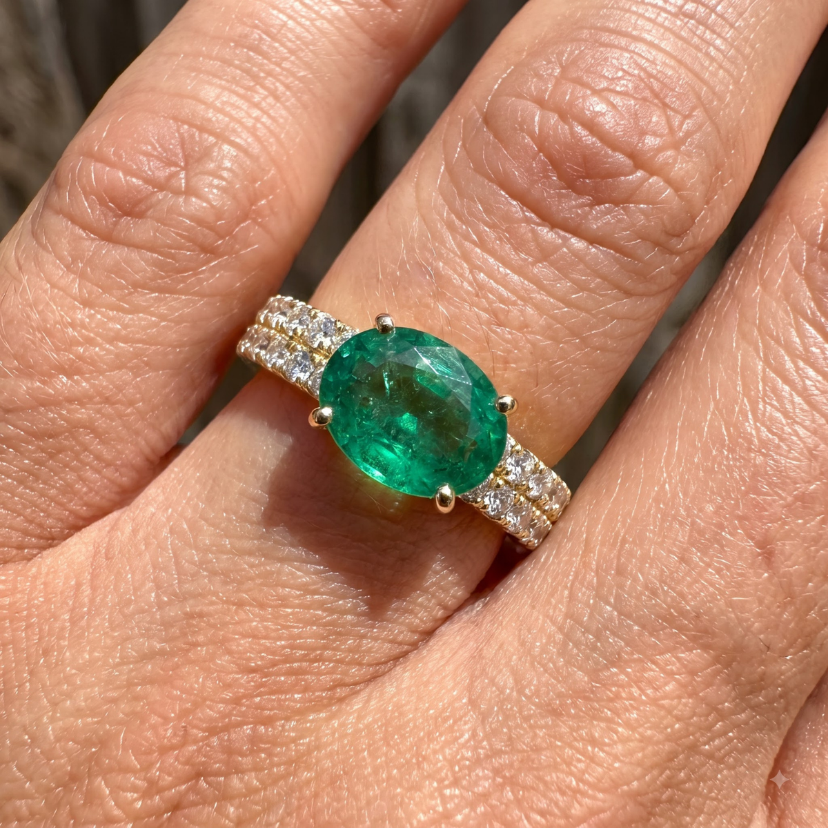 1.46 CTTW Oval Gemstone Double Row Pave Band 14k Yellow Gold Engagement Ring