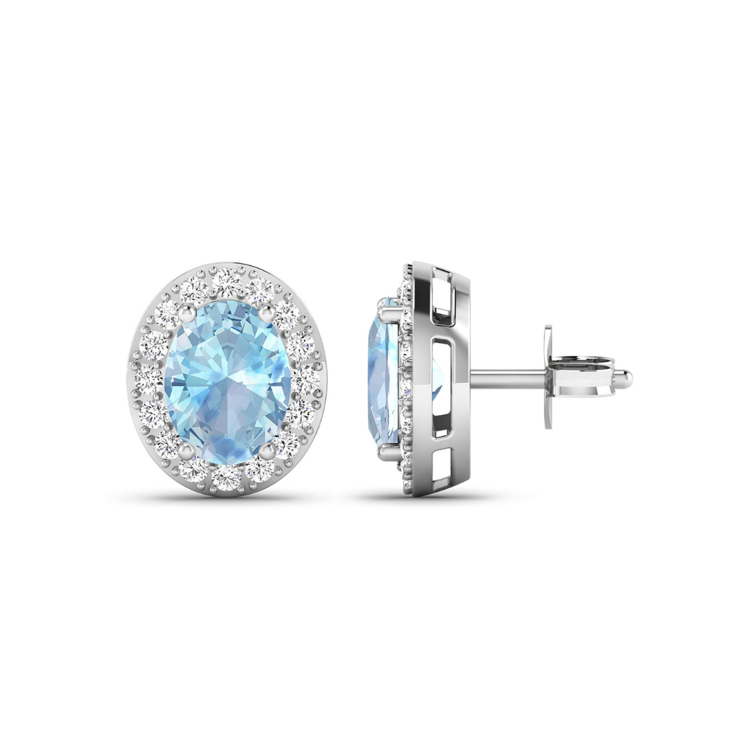 Genuine Aquamarine and Diamond Studs Earrings