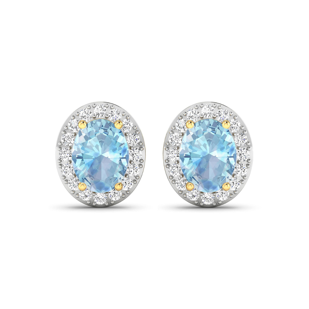Genuine Aquamarine and Diamond Studs Earrings