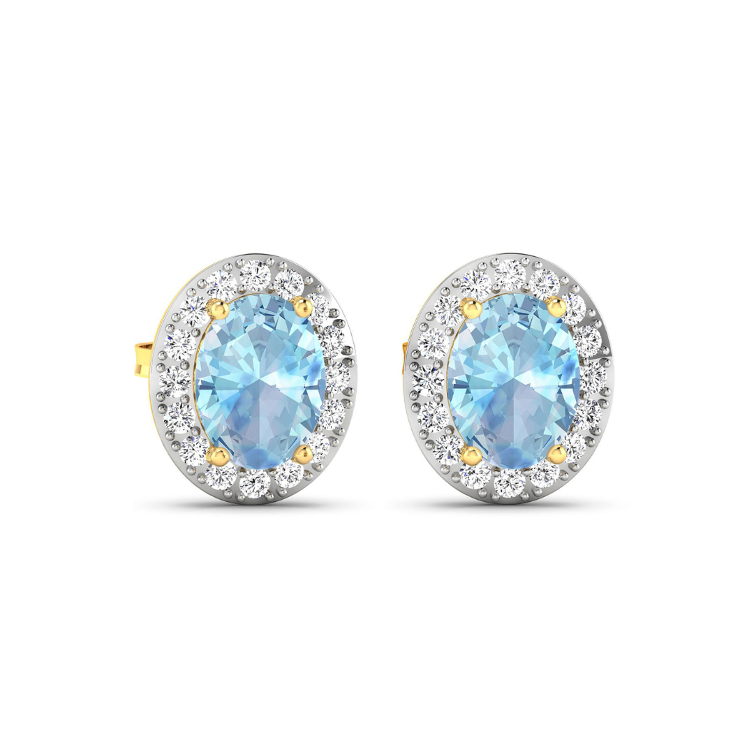 Genuine Aquamarine and Diamond Studs Earrings