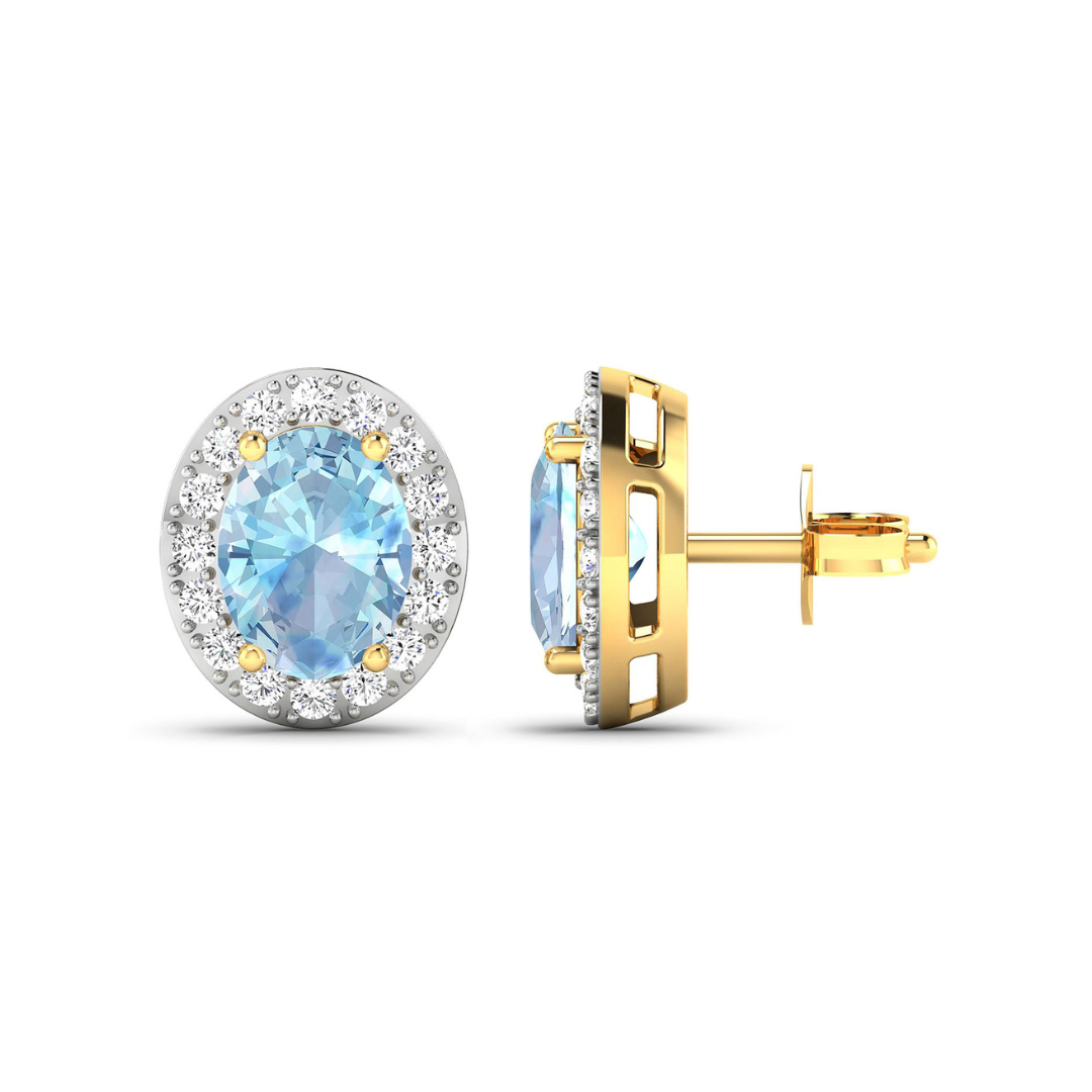 Genuine Aquamarine and Diamond Studs Earrings