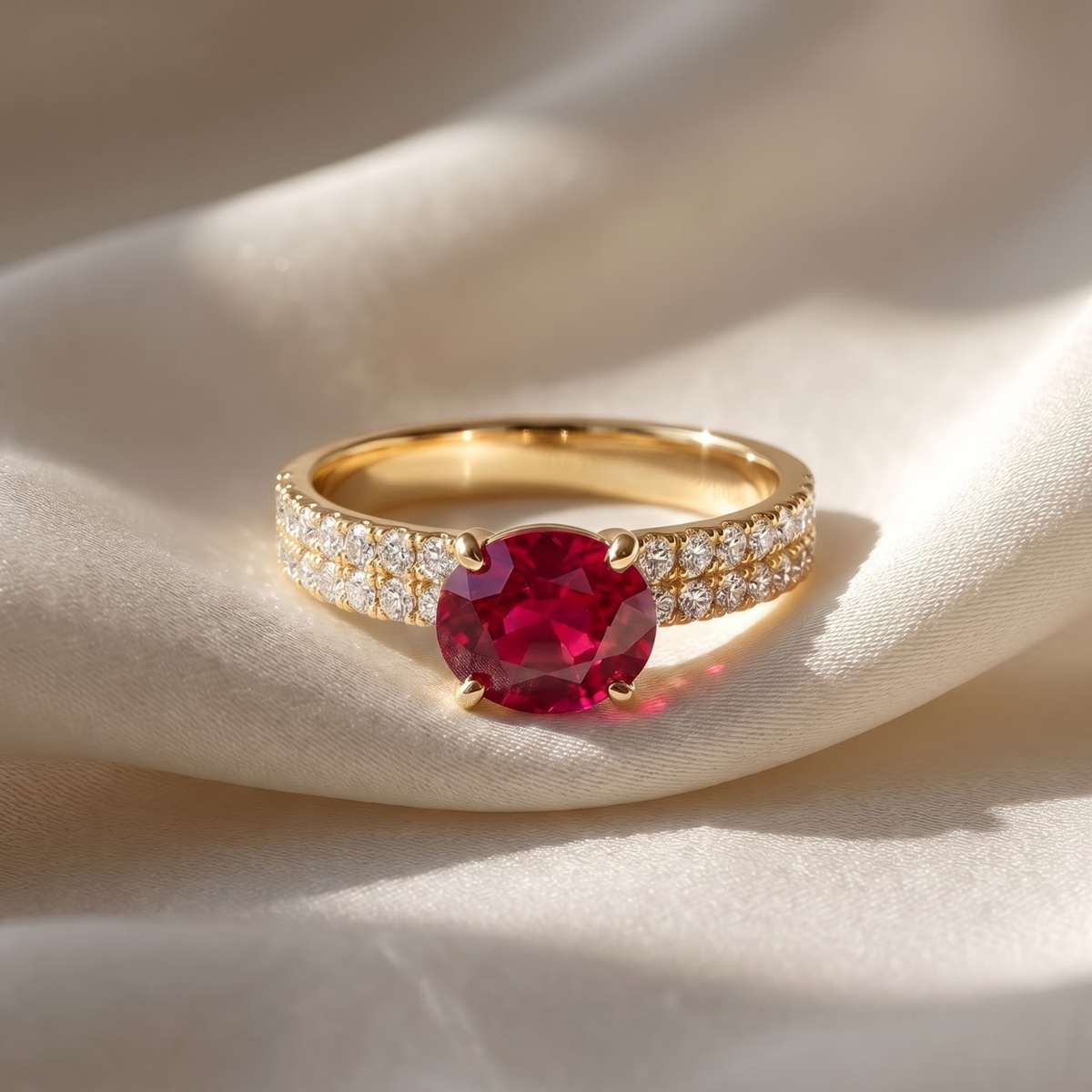 1.46 CTTW Oval Gemstone Double Row Pave Band 14k Yellow Gold Engagement Ring