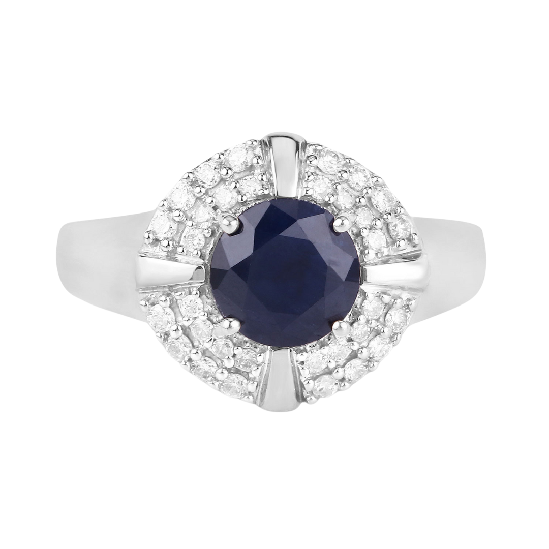 Genuine 10K Blue Sapphire and White Diamond Halo Ring