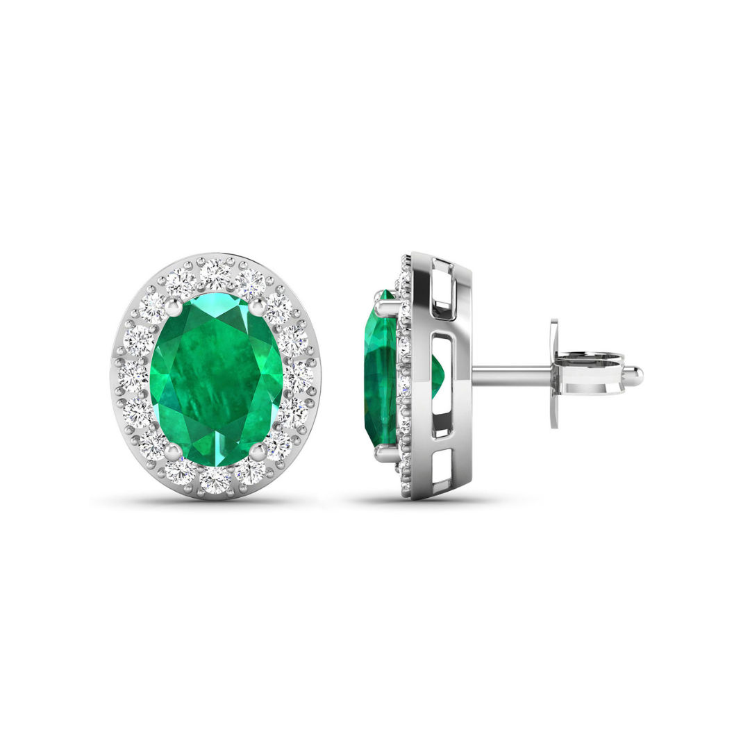 Genuine Zambian Emerald and White Diamond Earrings Stud