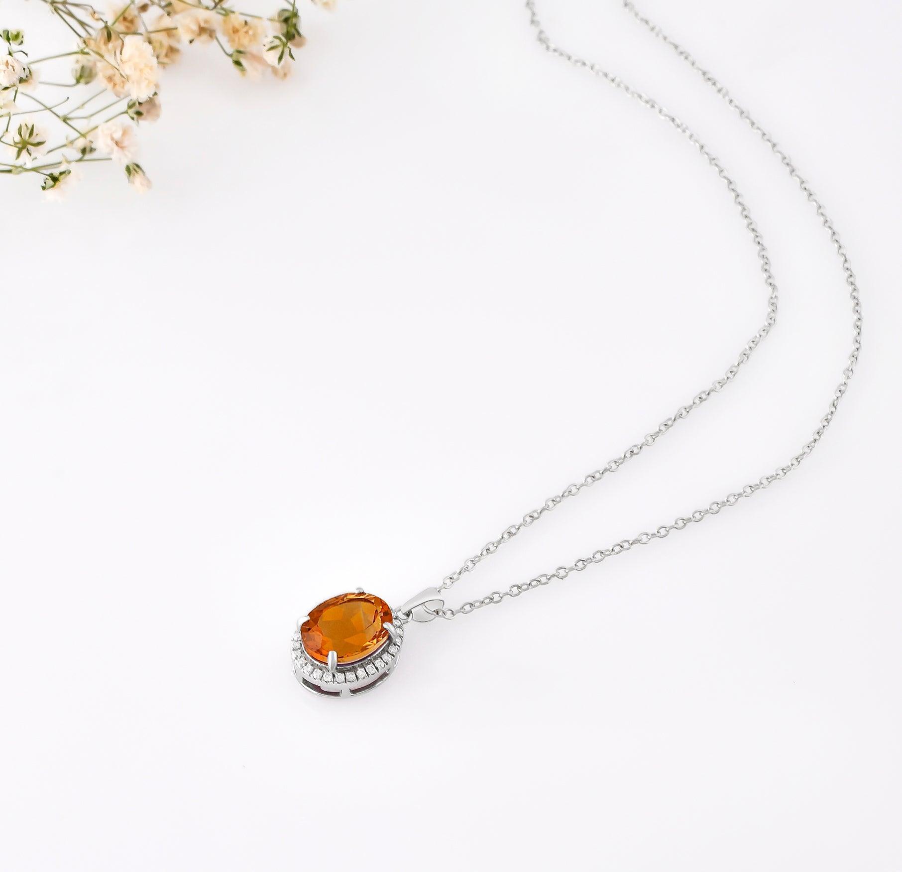 Oval Citrine Halo Pendant Silver Chain Golden Gemstone Best Valentines Gifts Natural Citrine Pendant Necklace - FineColorJewels