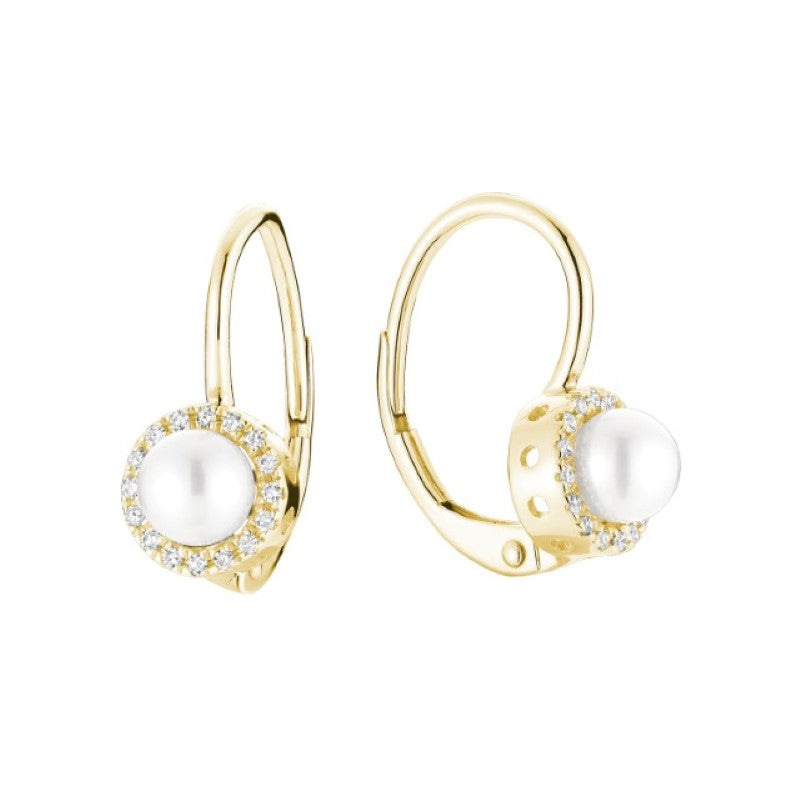 10k Gold Cultured Pearl & Natural Diamonds Halo Dangle Earrings