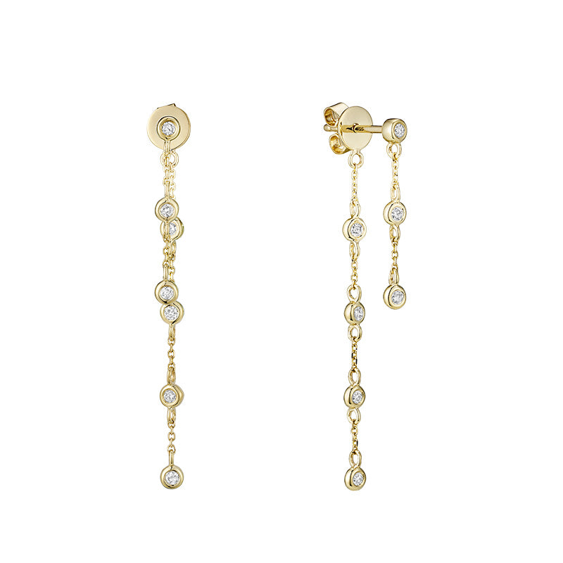 14k Gold Double Chain Natural Diamond Bezel Dangle Earrings