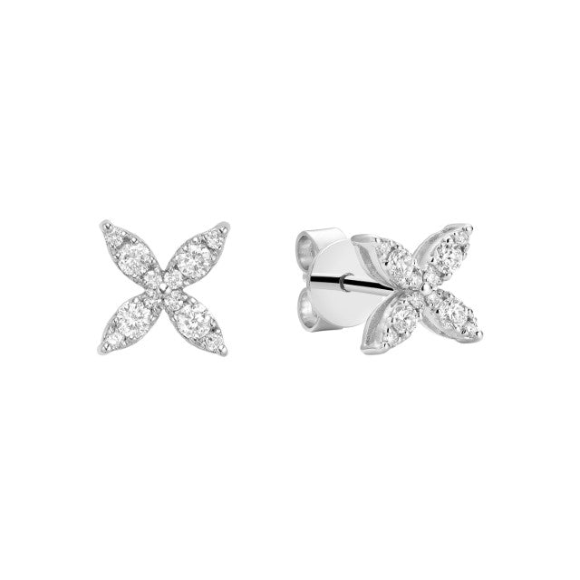 Natural Diamond Marquise Flower 14k Gold Stud Earrings