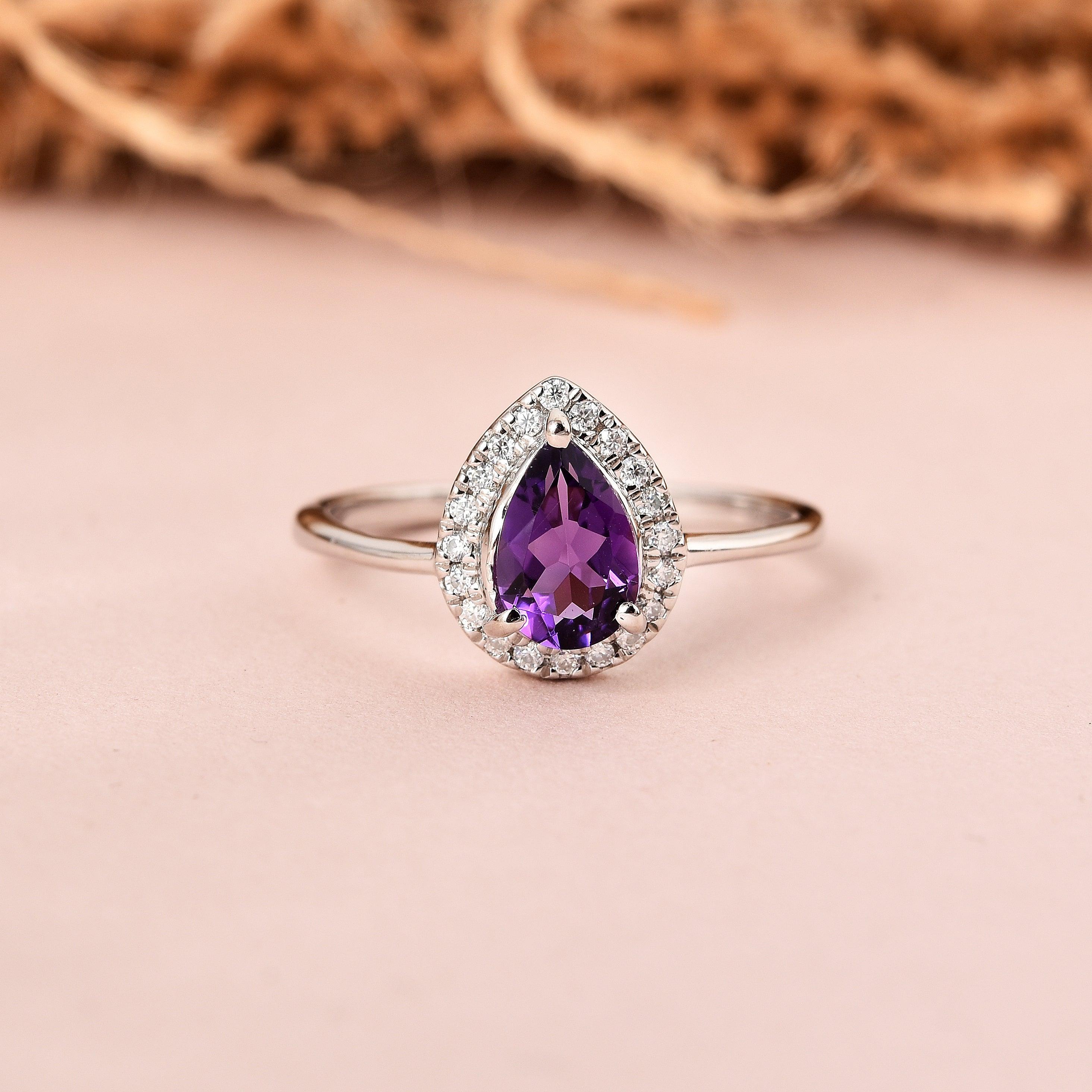 Natural Amethyst Teardrop Halo Ring Fine Color Jewels amethyst promise ring, best gift for girls, best gift for women, Christmas gift, dla-dm-discount-all-154898, February Birthstone, gift for her, Gift for Mom, gift for women, gift from daughter, gift ideas for her, gifts for her, Mother's Day Gift, New Year gift, purple gemstone ring, Teardrop halo ring , Valentine's Day gift