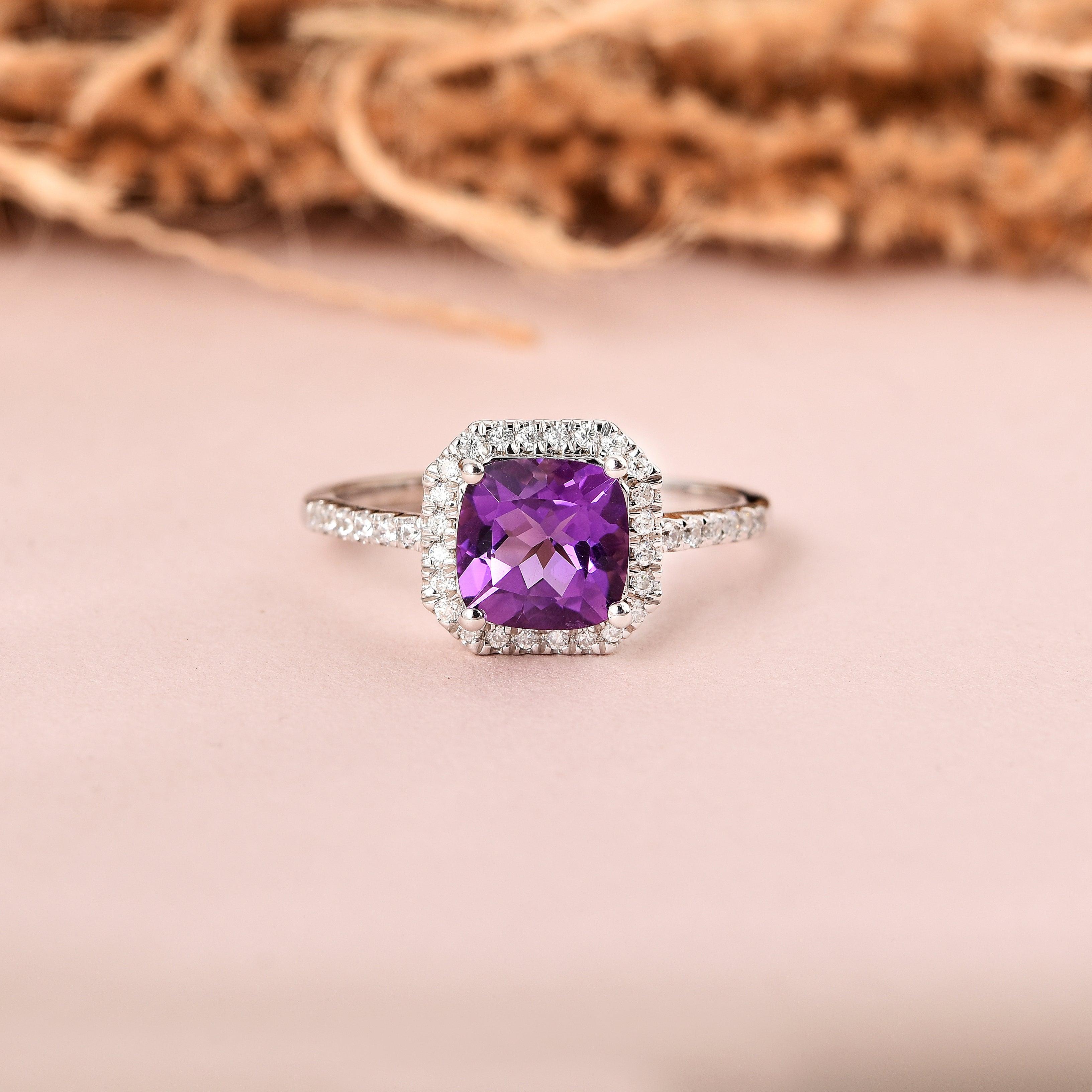 Natural Amethyst Cushion Halo Ring FineColorJewels amethyst halo ring, amethyst promise ring, best gift for girls, best gift for women, Christmas gift, dla-dm-discount-all-154898, February Birthstone, gift for her, Gift for Mom, gift for women, gift from daughter, halo ring, New Year gift, purple gemstone ring, Silver Halo Ring, Valentine's Day gift