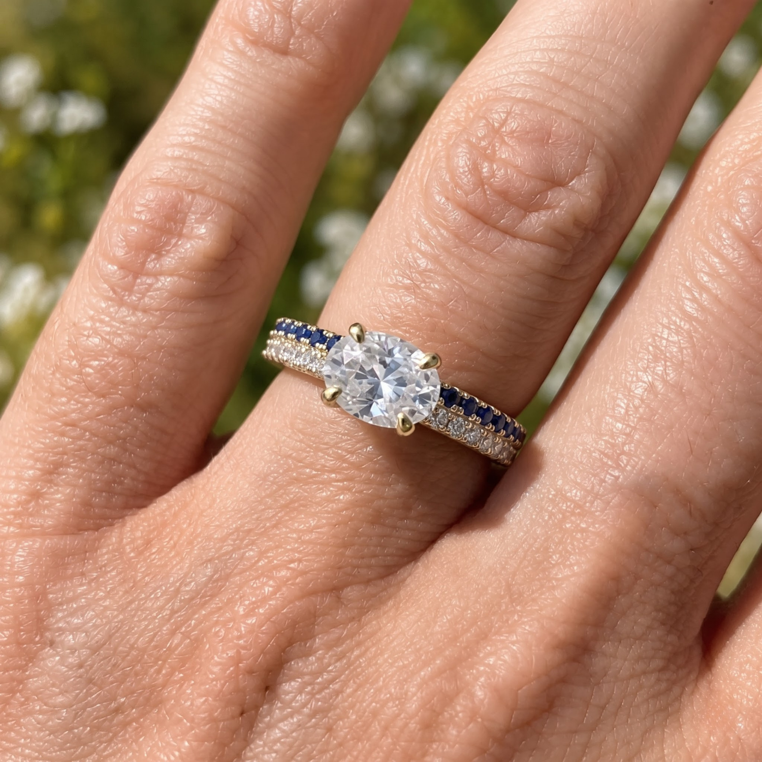 1.46 CTTW Oval Lab Grown Diamond Double Row Pave Band 14k Yellow Gold Engagement Ring