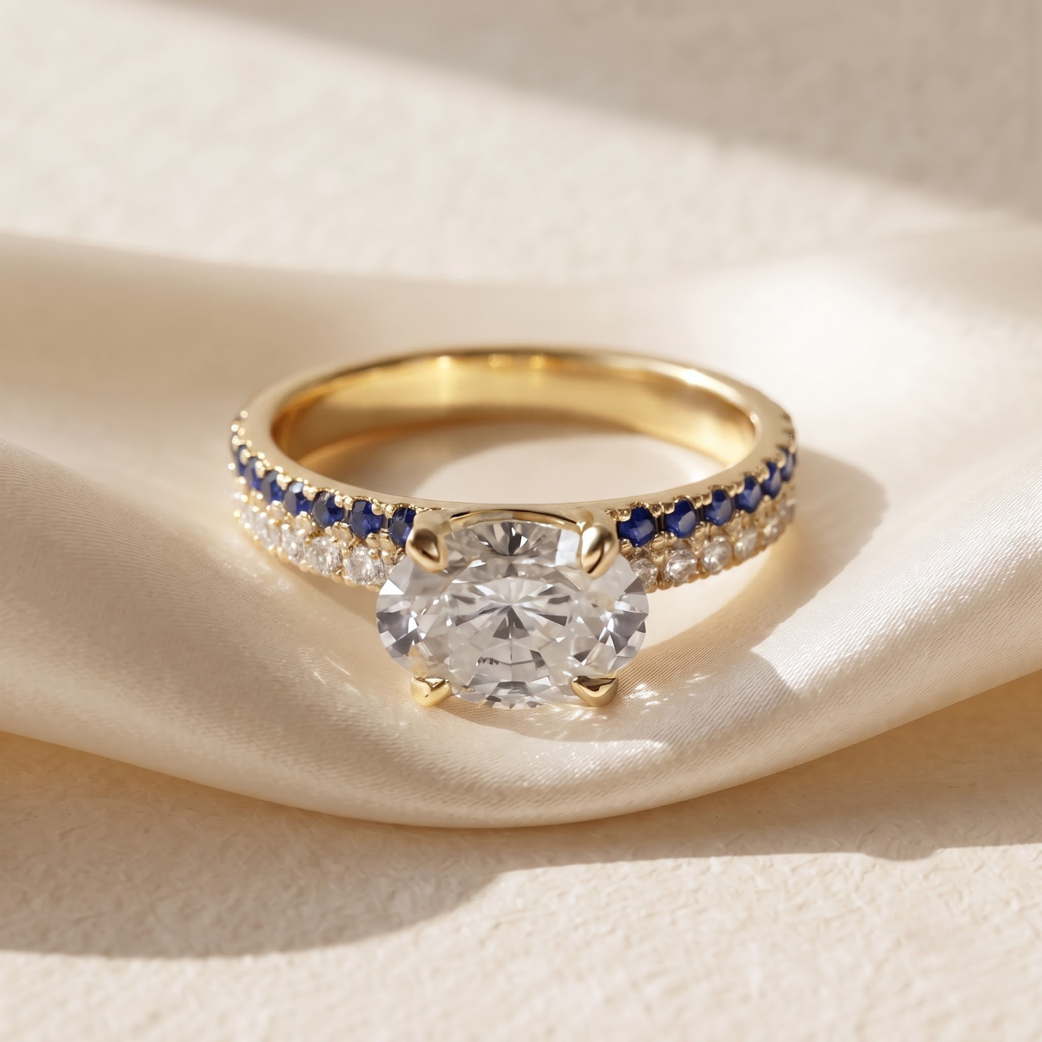 1.46 CTTW Oval Lab Grown Diamond Double Row Pave Band 14k Yellow Gold Engagement Ring