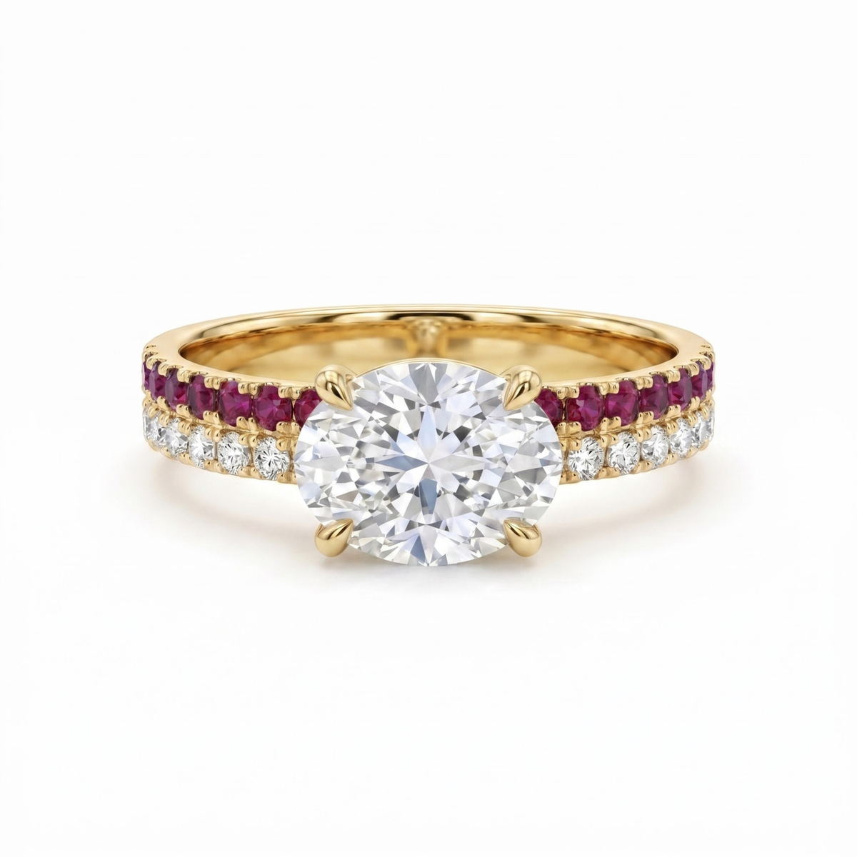 1.46 CTTW Oval Lab Grown Diamond Double Row Pave Band 14k Yellow Gold Engagement Ring