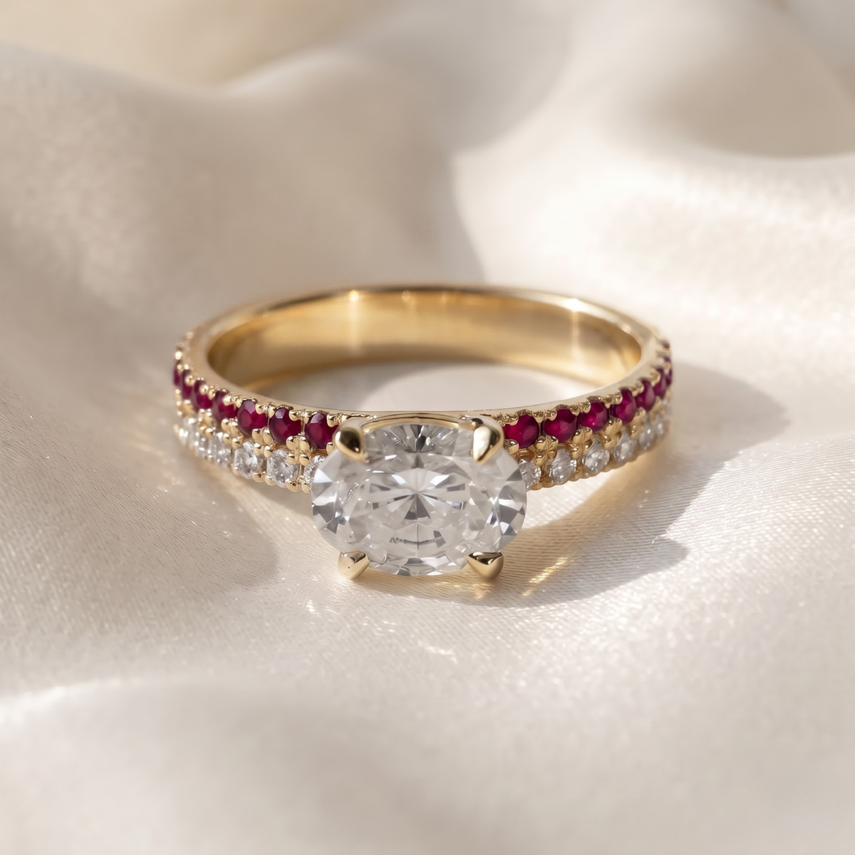 1.46 CTTW Oval Lab Grown Diamond Double Row Pave Band 14k Yellow Gold Engagement Ring