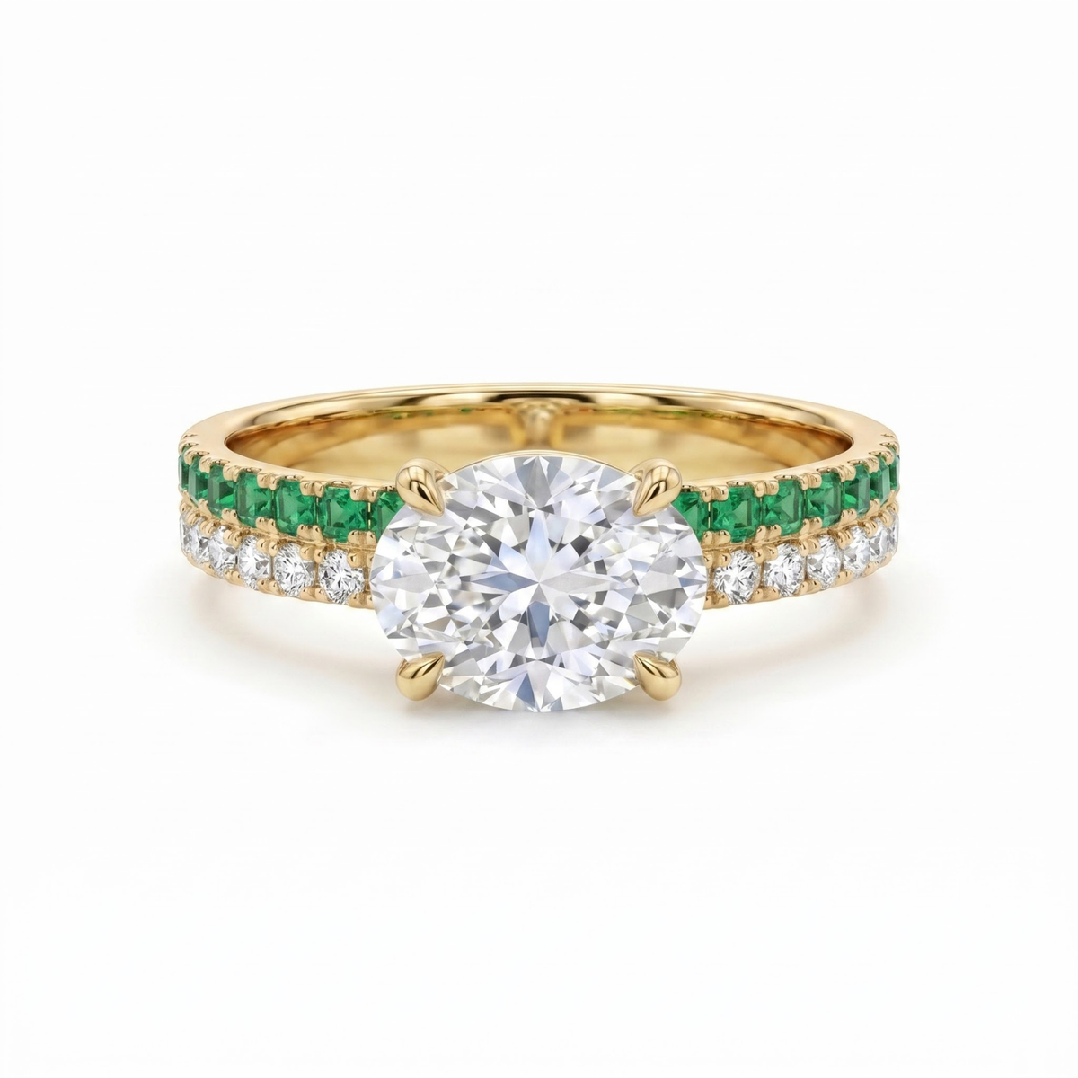 1.46 CTTW Oval Lab Grown Diamond Double Row Pave Band 14k Yellow Gold Engagement Ring