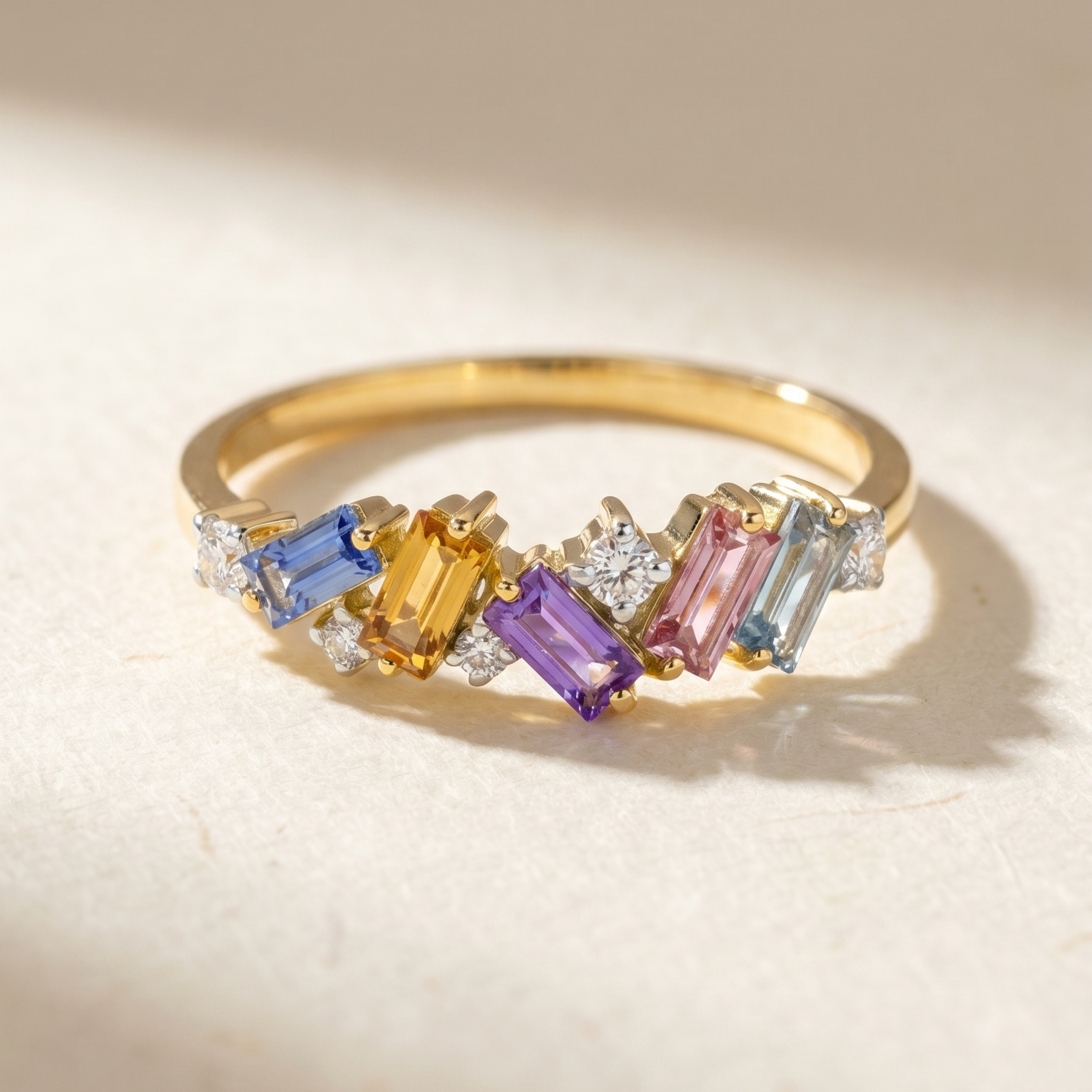IGI Certified 0.65 Ct Baguette Multi Color Unheated Sapphire and Diamond 14K Yellow Gold Engagement Half Eternitiy Ring