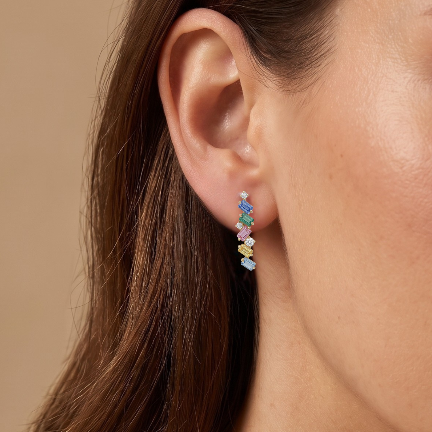 IGI Certified 0.97 Ct Multi Color Unheated Sapphire and Diamond 14K Yellow Gold Zigzag Drop Earrings