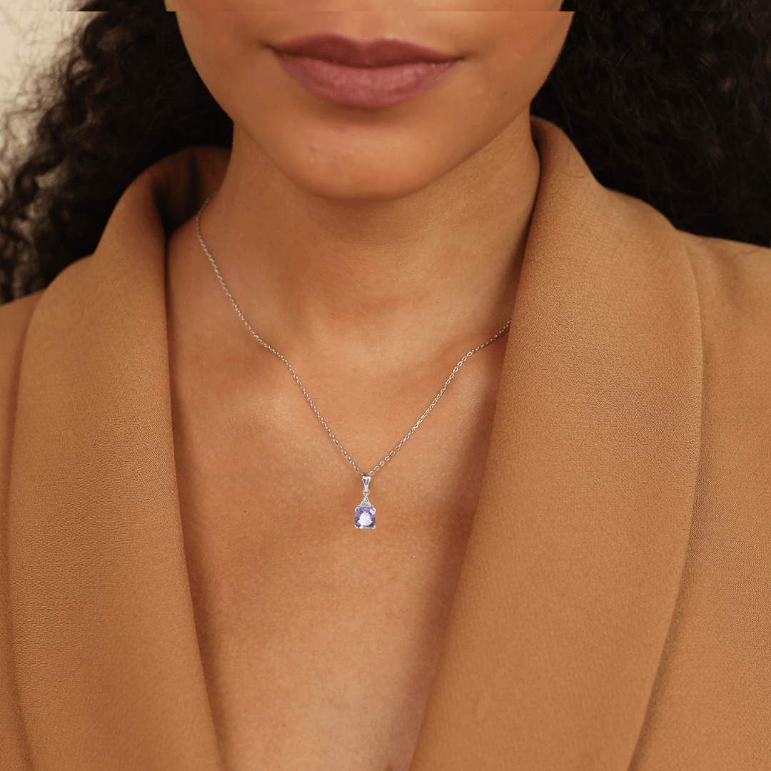model wearing amethyst necklace, amethyst jewelry on women, affordable amethyst jewelry for her, wedding for bride to be