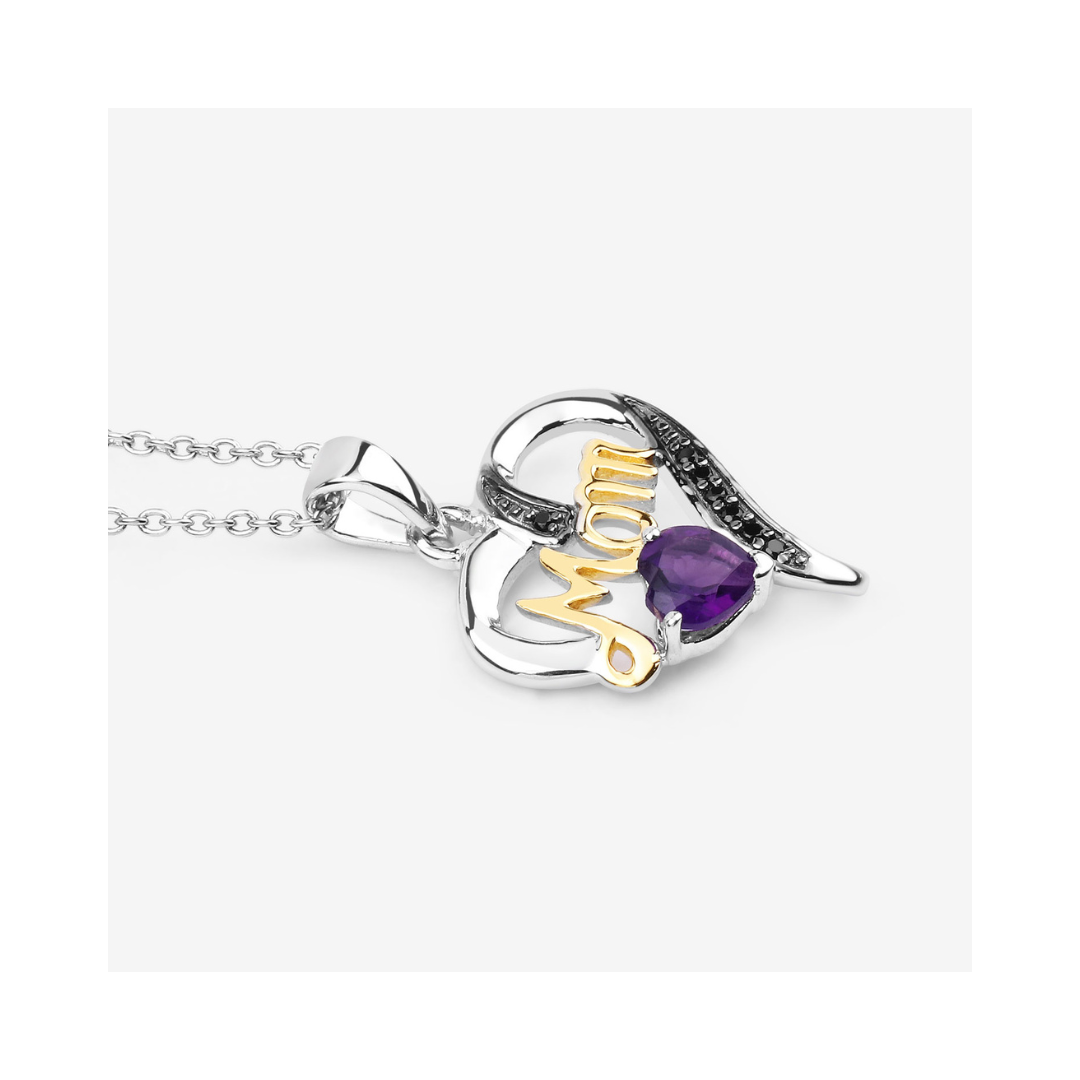 Genuine Amethyst Double Heart Mom Pendant Necklace