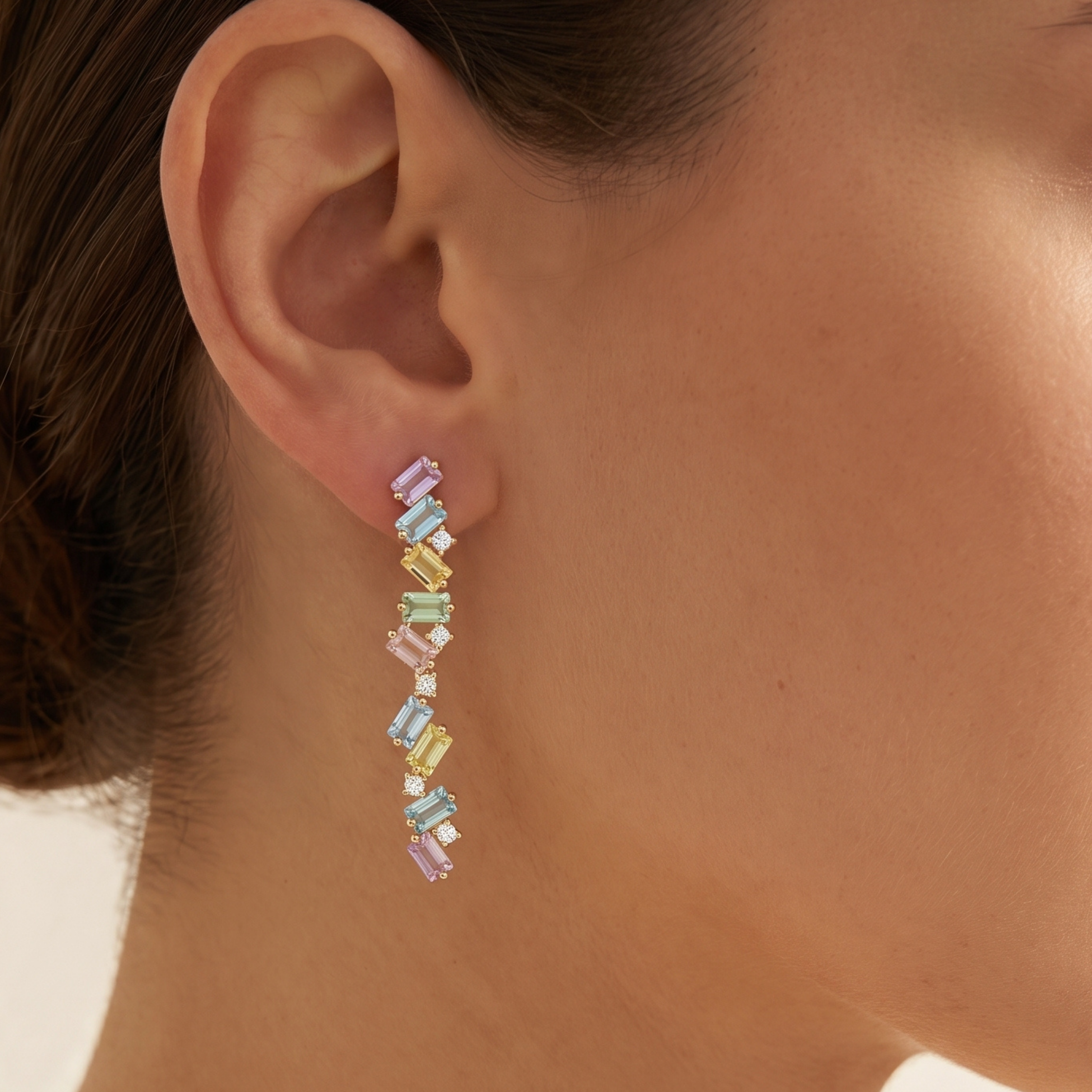 IGI Certified 2 Ct Multi Color Unheated Sapphire and Diamond 14K Yellow Gold Linear Drop Earrings