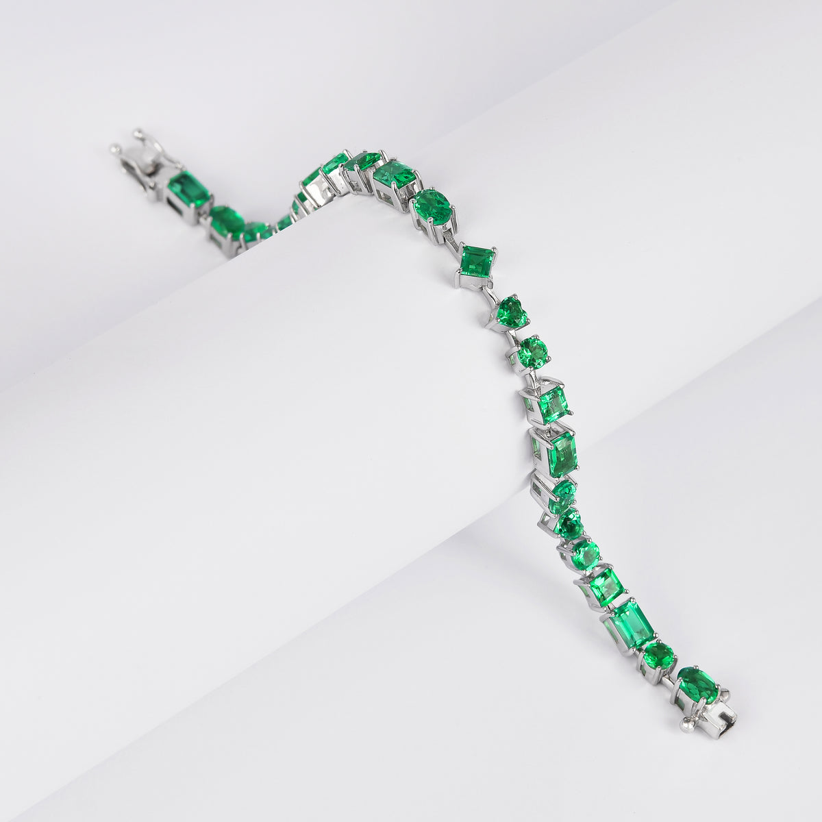 9.29 Ct Multi-Shape Green Created Colombian Emerald Rhodium-Plated Sterling Silver Multi-Stone Bracelet