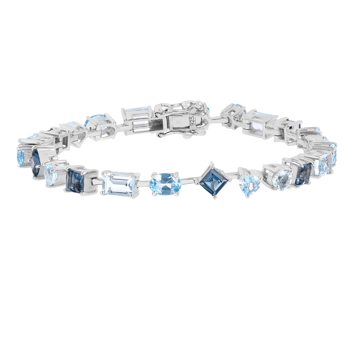9.53 Ct Multi-Shape Blue Topaz Rhodium-Plated Sterling Silver Multi-Stone Bracelet