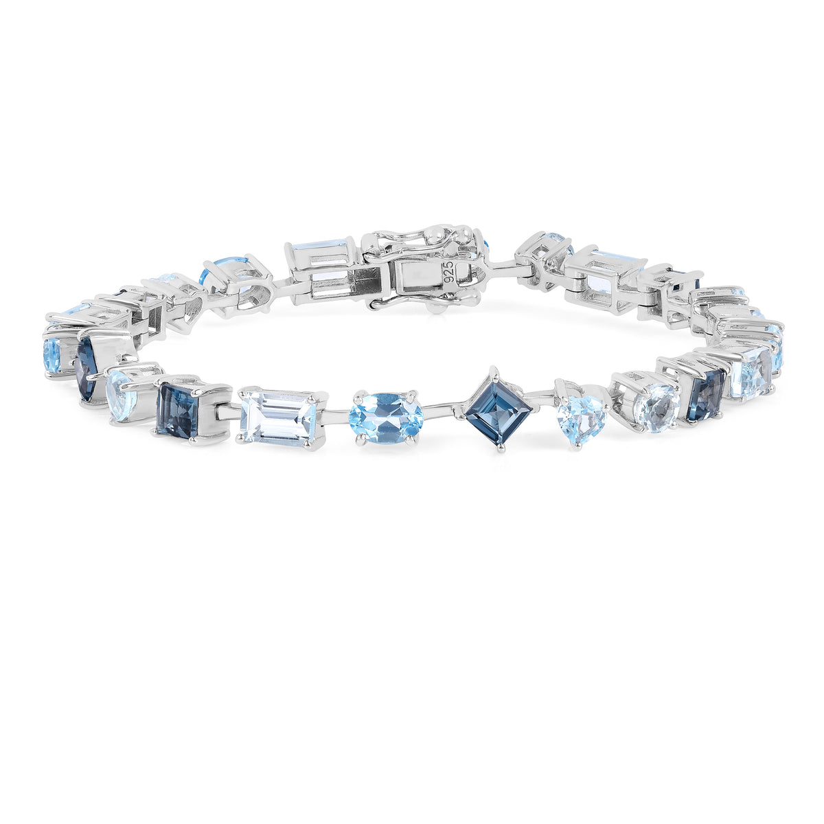9.53 Ct Multi-Shape Blue Topaz Rhodium-Plated Sterling Silver Multi-Stone Bracelet