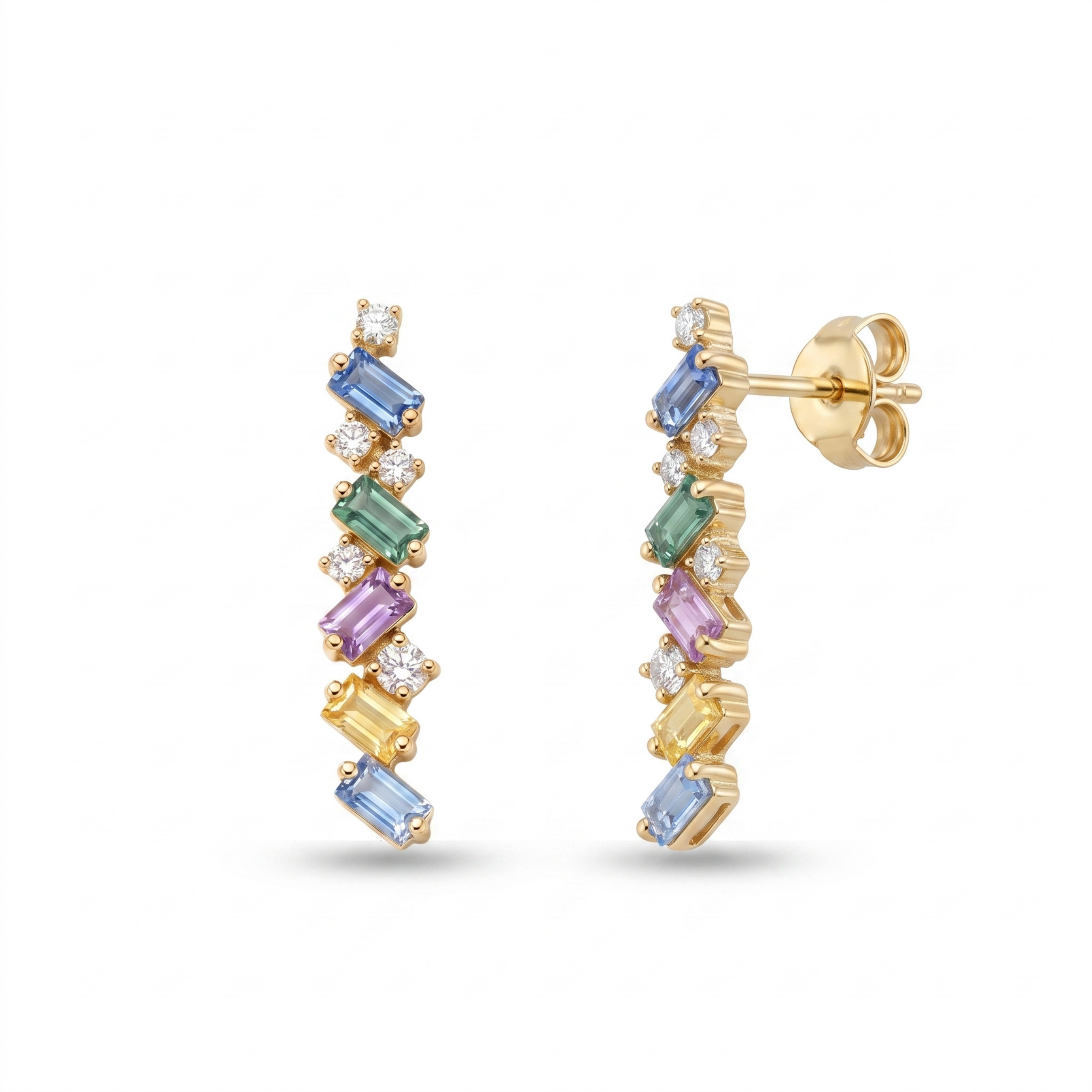 IGI Certified 0.97 Ct Multi Color Unheated Sapphire and Diamond 14K Rose Gold Zigzag 2 in 1 Ear Crawler Earrings