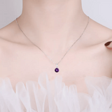 model showcasing  Amethyst Purple Necklace Healing Stone Necklace Solitaire Necklace Purple Jewlery Gift  Work Wear Necklace