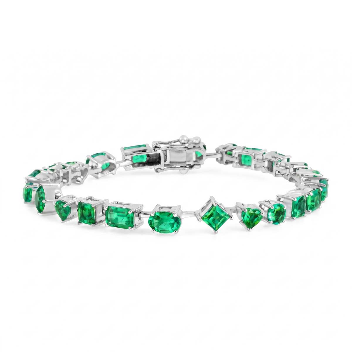9.29 CTTW Multi-Shape Green Created Colombian Emerald Rhodium-Plated Silver Multi-Stone Bracelet