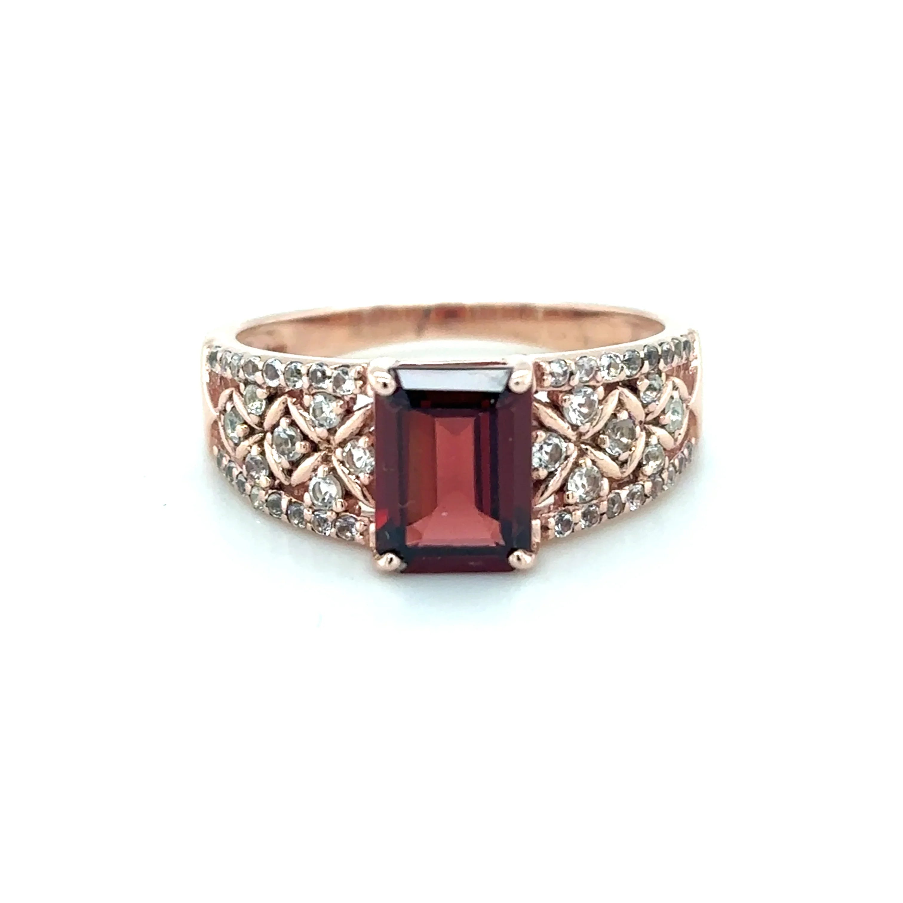 Emerald Cut Garnet and White Topaz Silver Ring