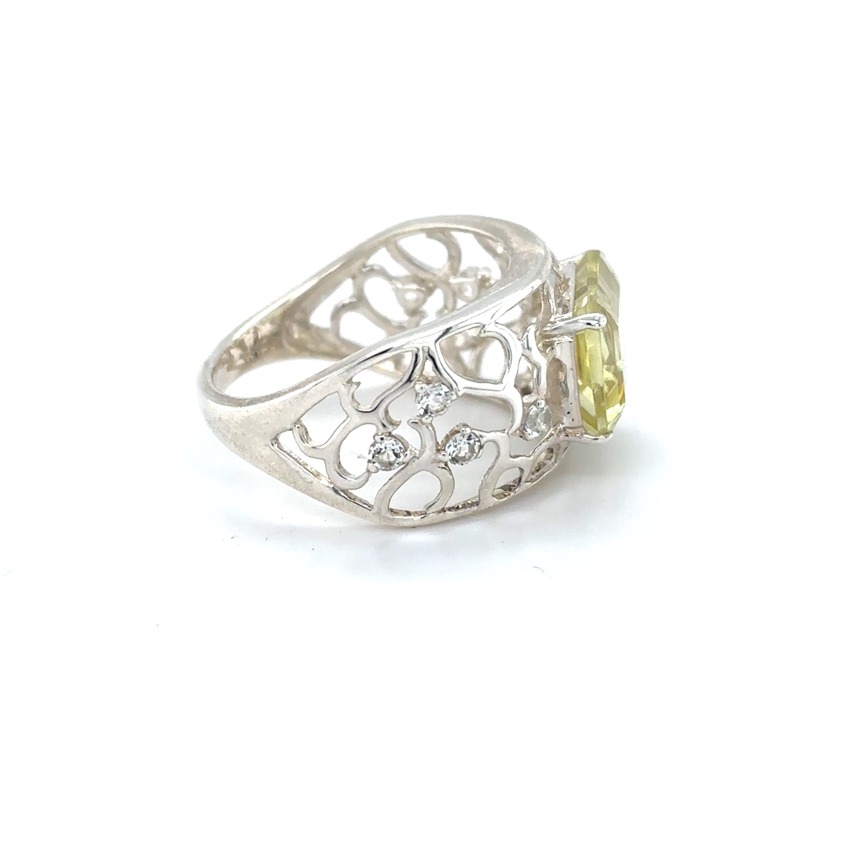 Emerald Cut Lemon Quartz Silver Filigree Ring