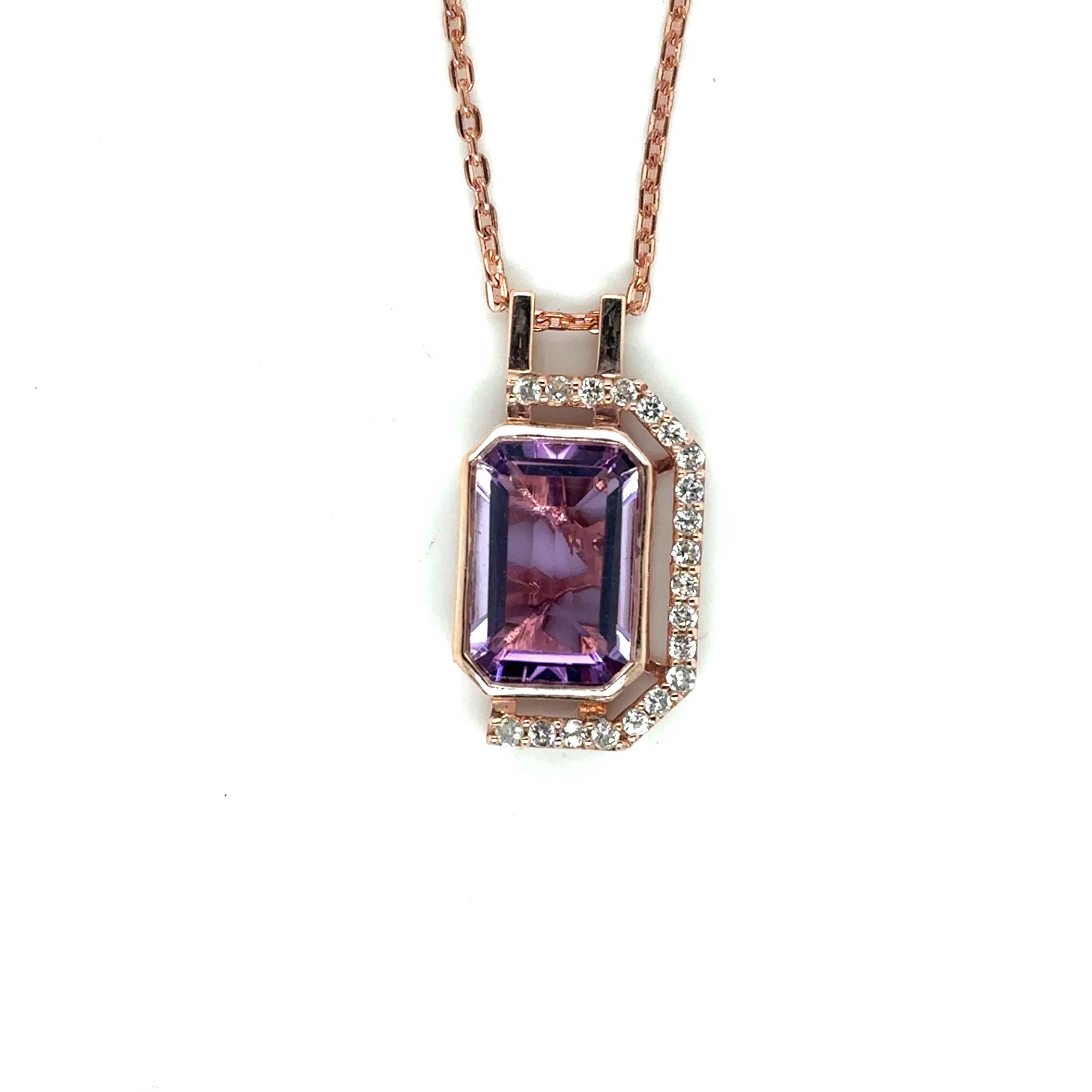Pink Gold Emerald Cut Amethyst Pendant Necklace