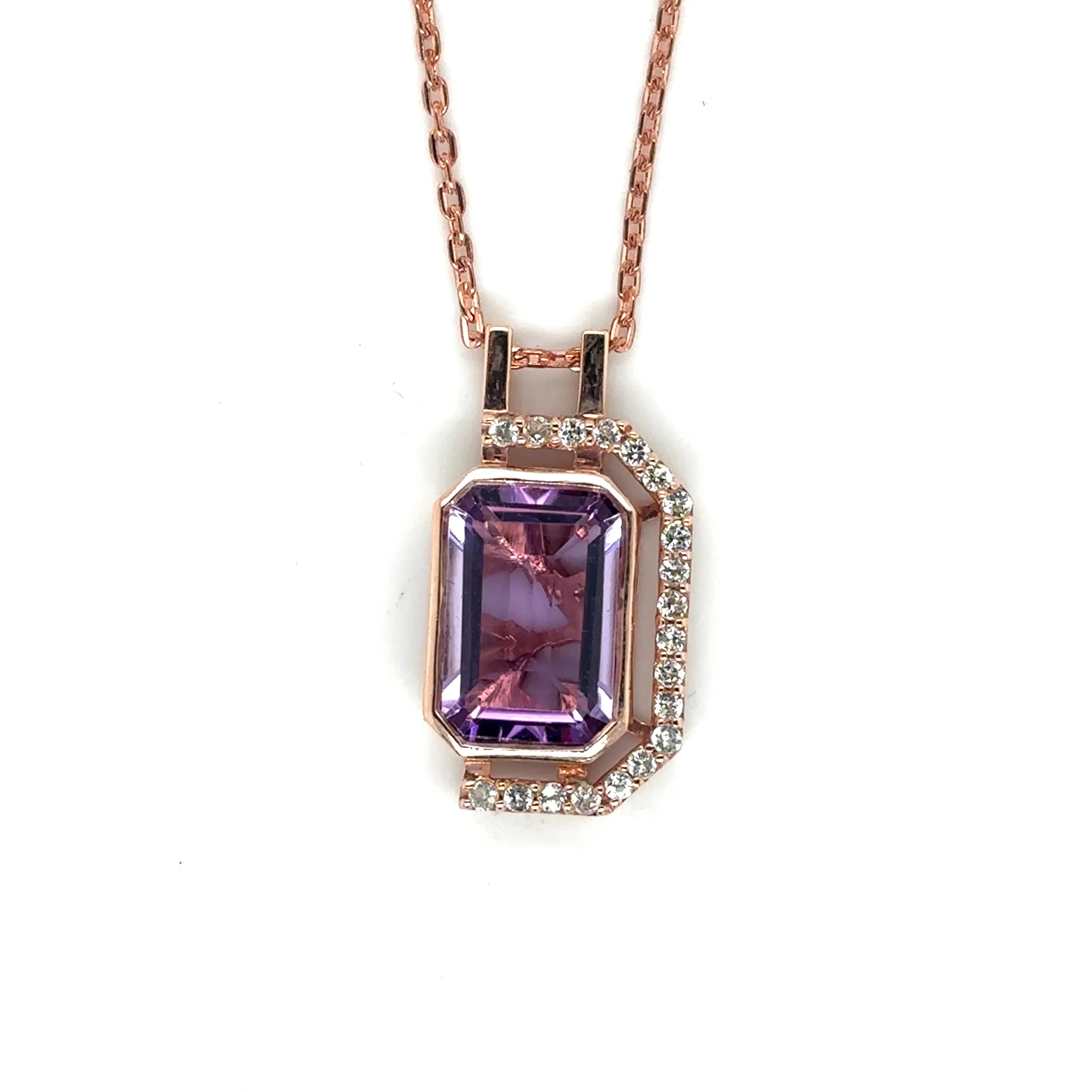 Pink Gold Emerald Cut Amethyst Pendant Necklace