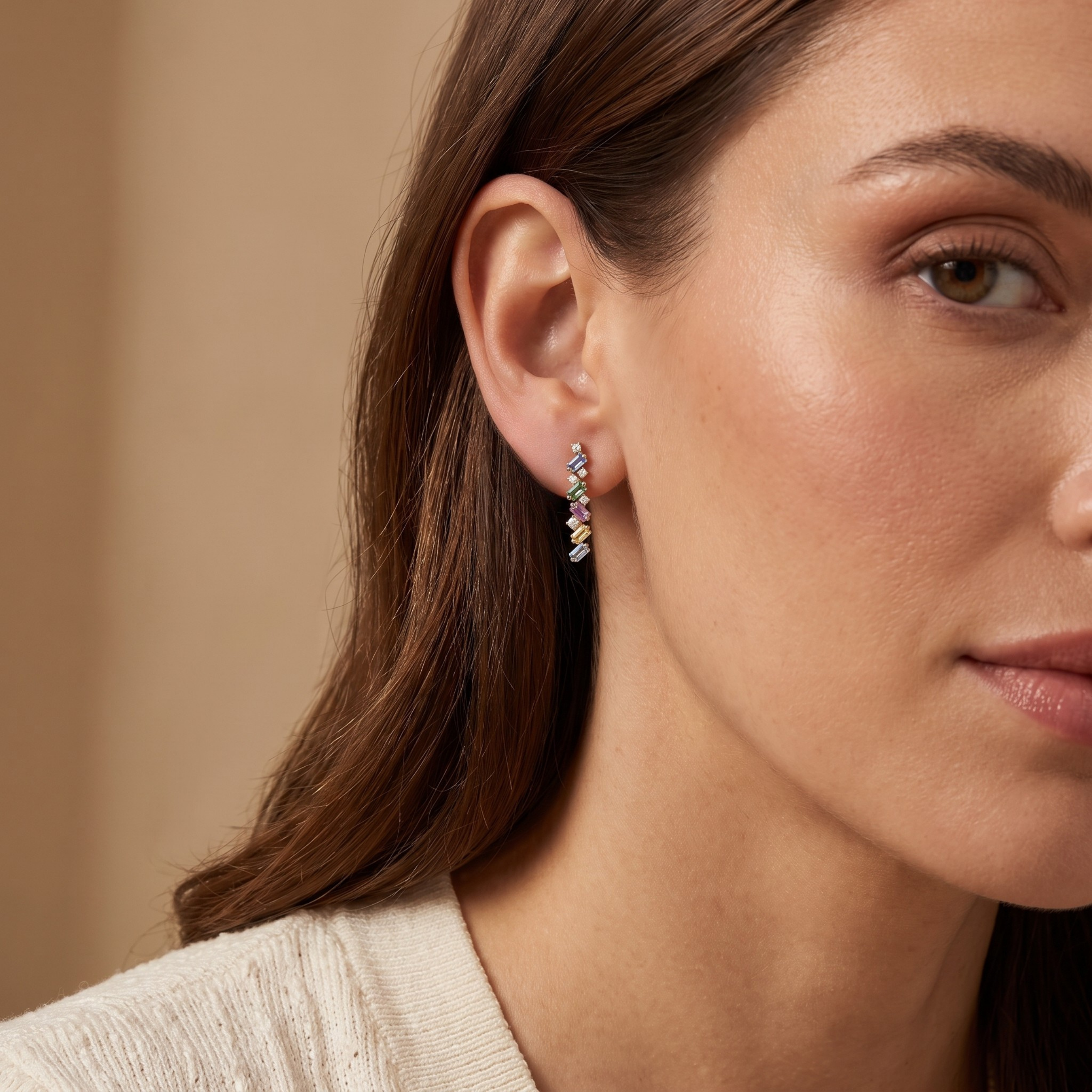 IGI Certified 0.97 Ct Multi Color Unheated Sapphire and Diamond 14K Rose Gold Zigzag 2 in 1 Ear Crawler Earrings