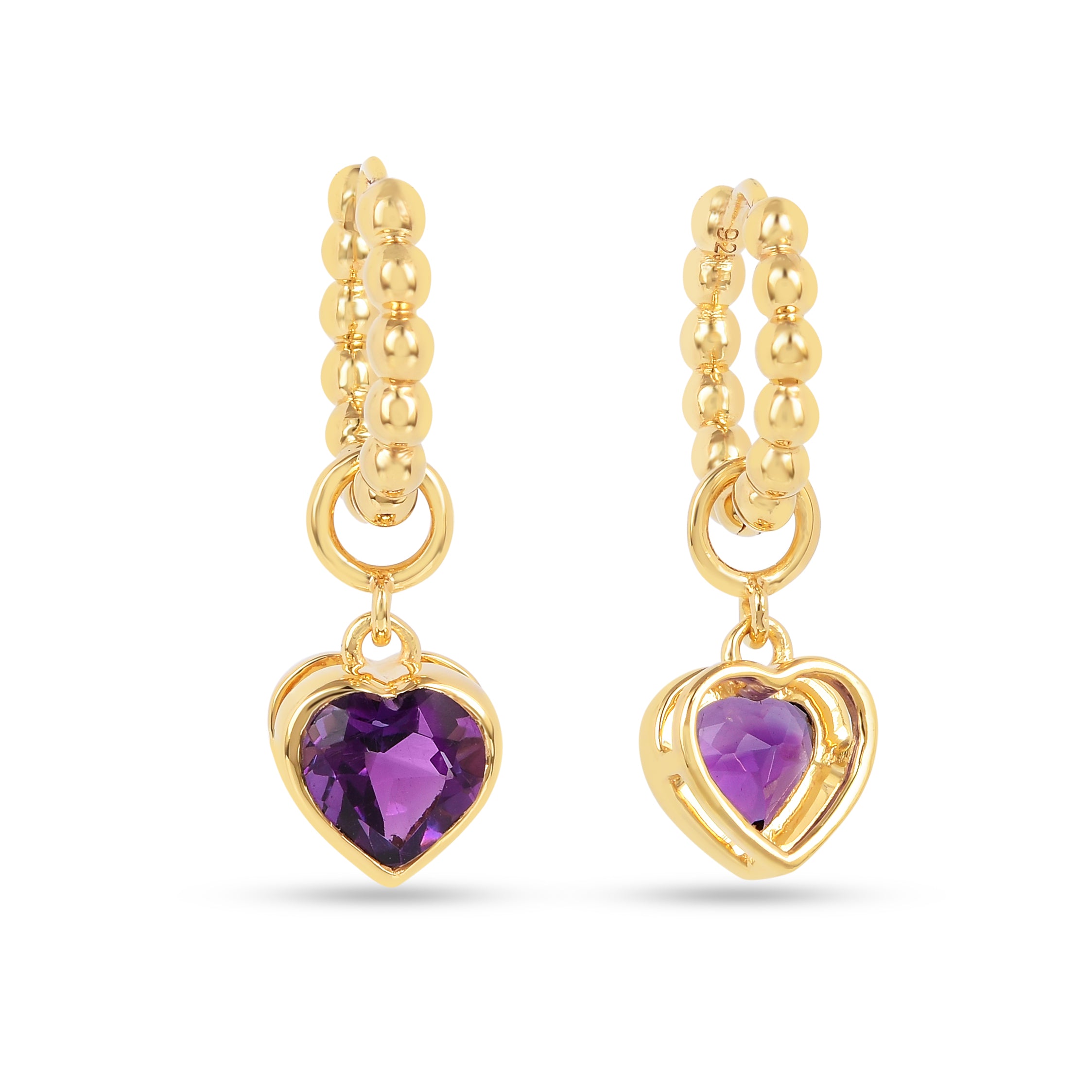 22k Gold Vermeil Amethyst Heart Hoop Earrings Fine Color Jewels
