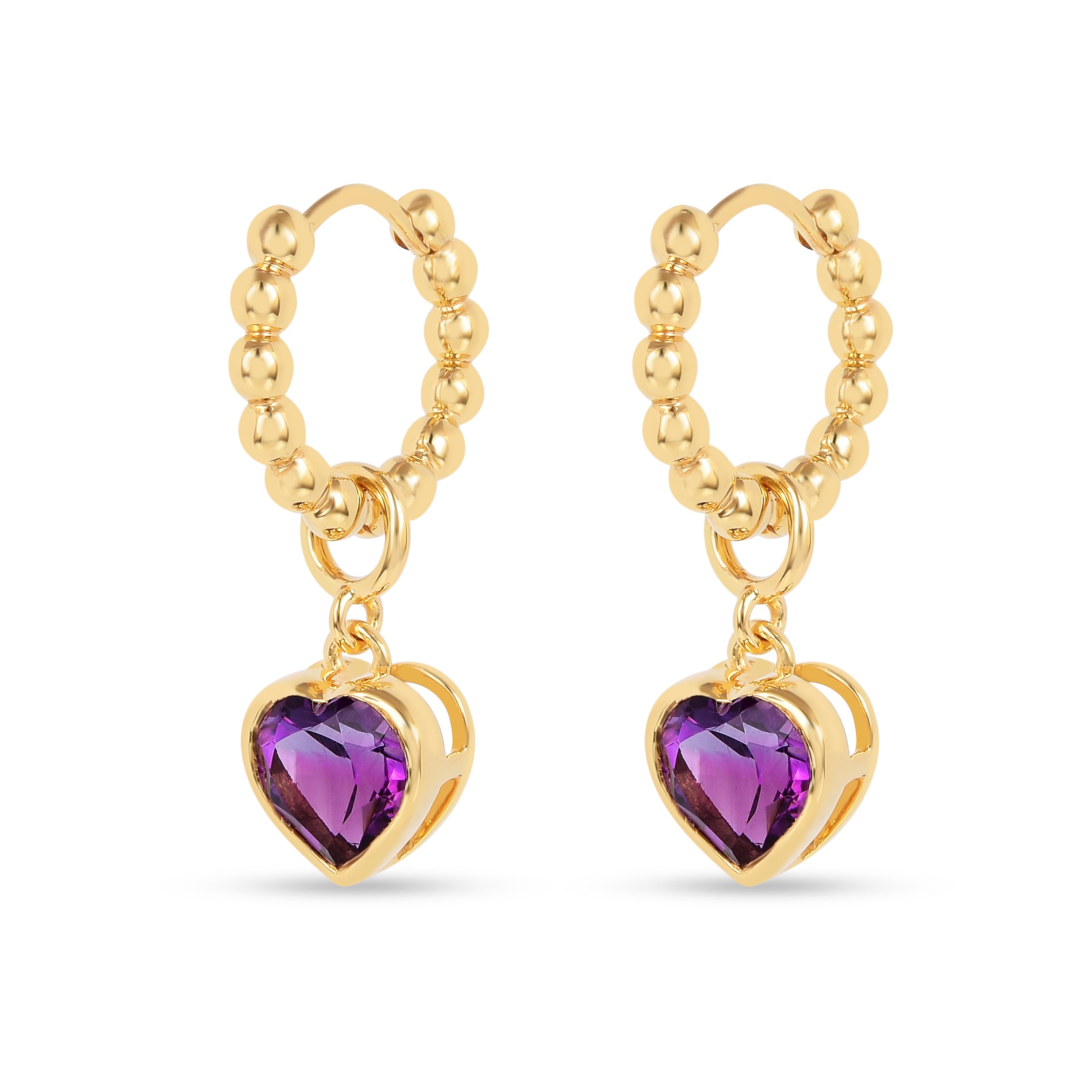 22k Gold Vermeil Amethyst Heart Hoop Earrings Fine Color Jewels