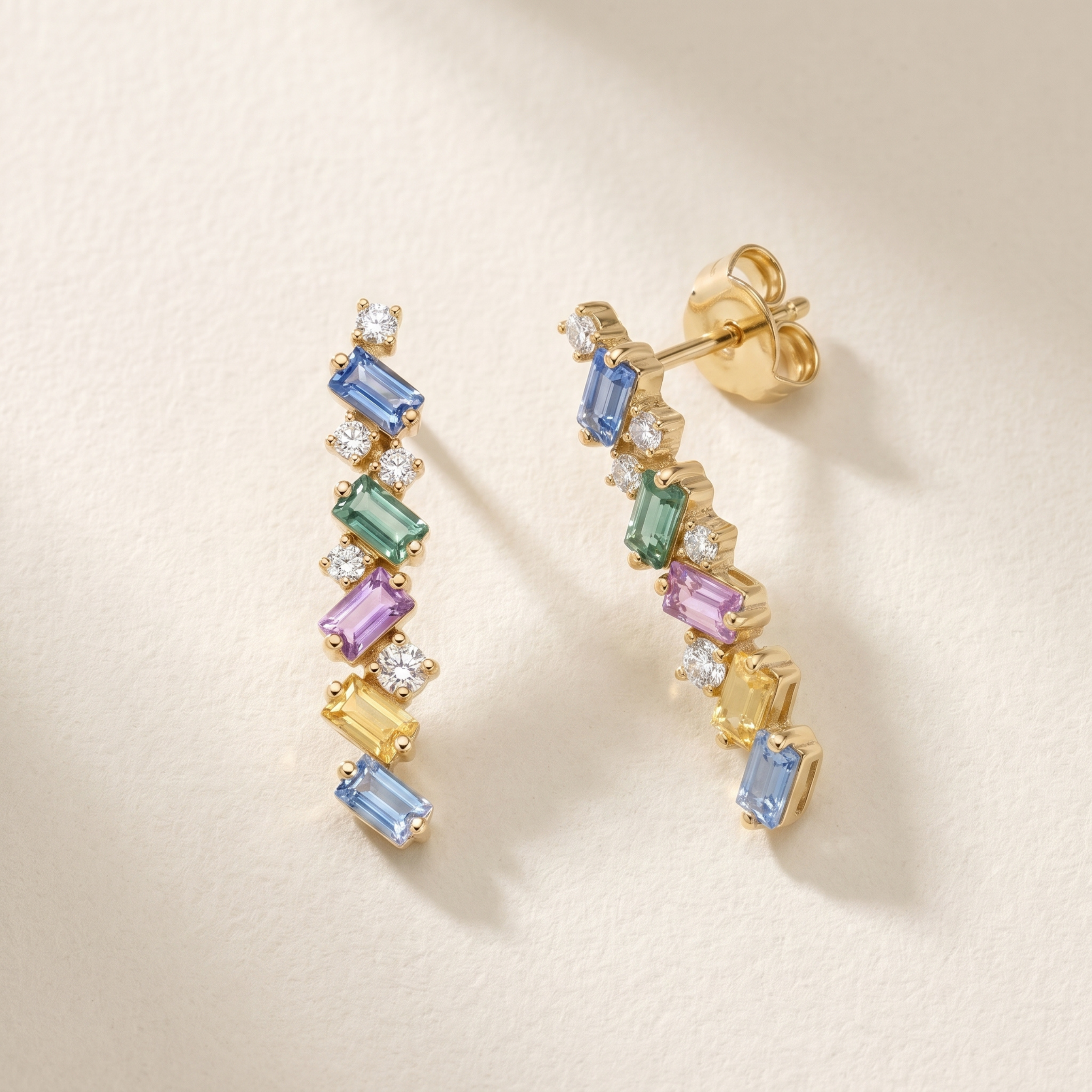 IGI Certified 0.97 Ct Multi Color Unheated Sapphire and Diamond 14K Rose Gold Zigzag 2 in 1 Ear Crawler Earrings