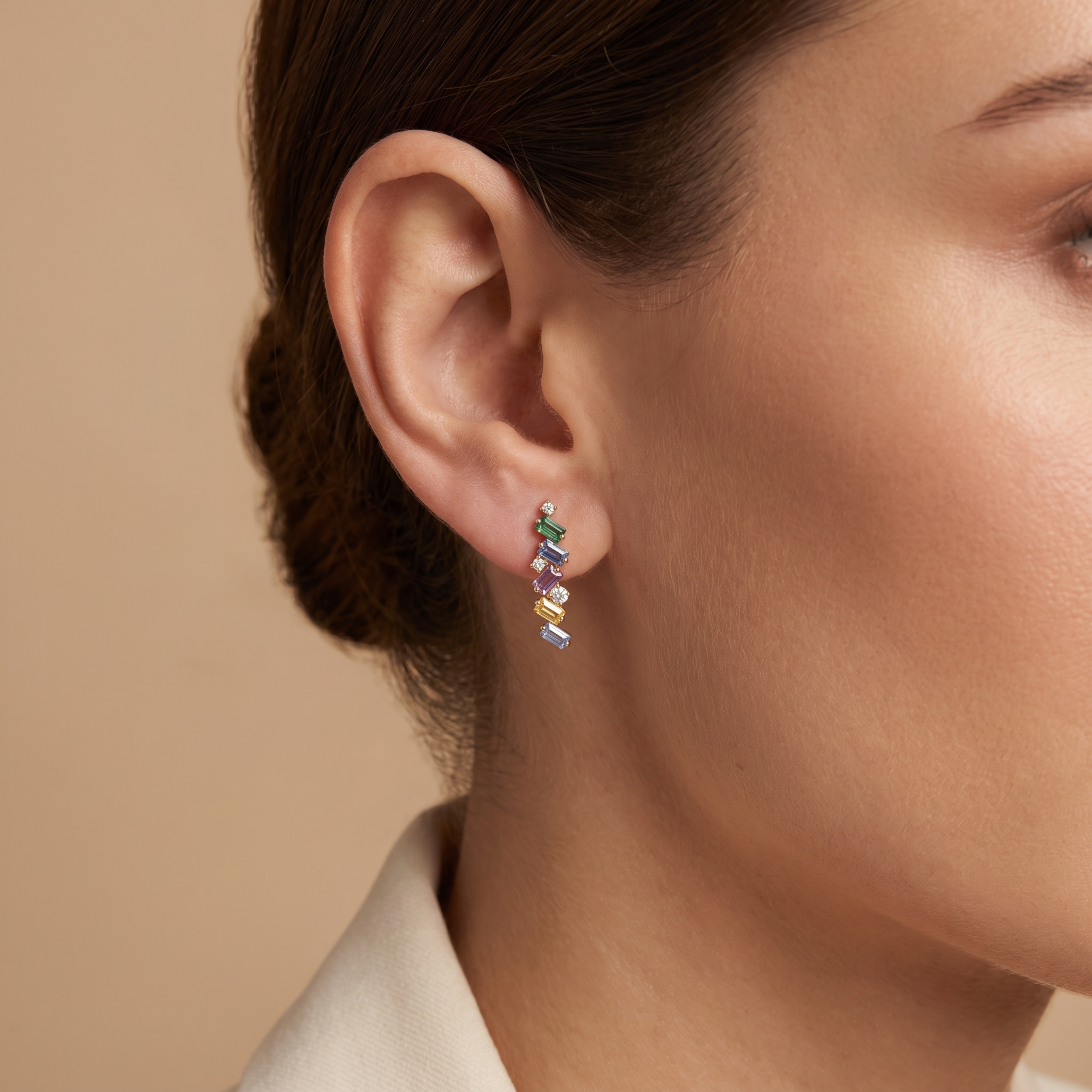 IGI Certified 0.96 Ct Multi Color Unheated Sapphire and Diamond 14K Gold Zigzag Crawler Earrings