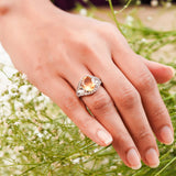 model wearing citrine ring, citrine ring for gifting, yellow gemstone ring for her