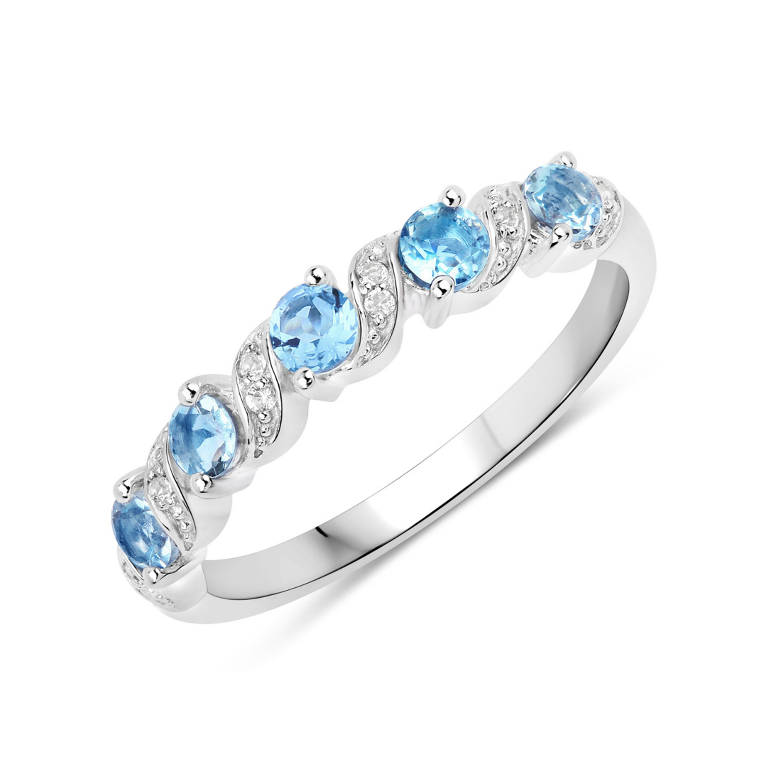 Genuine Swiss Blue Topaz 5 Stone Sterling Silver Ring