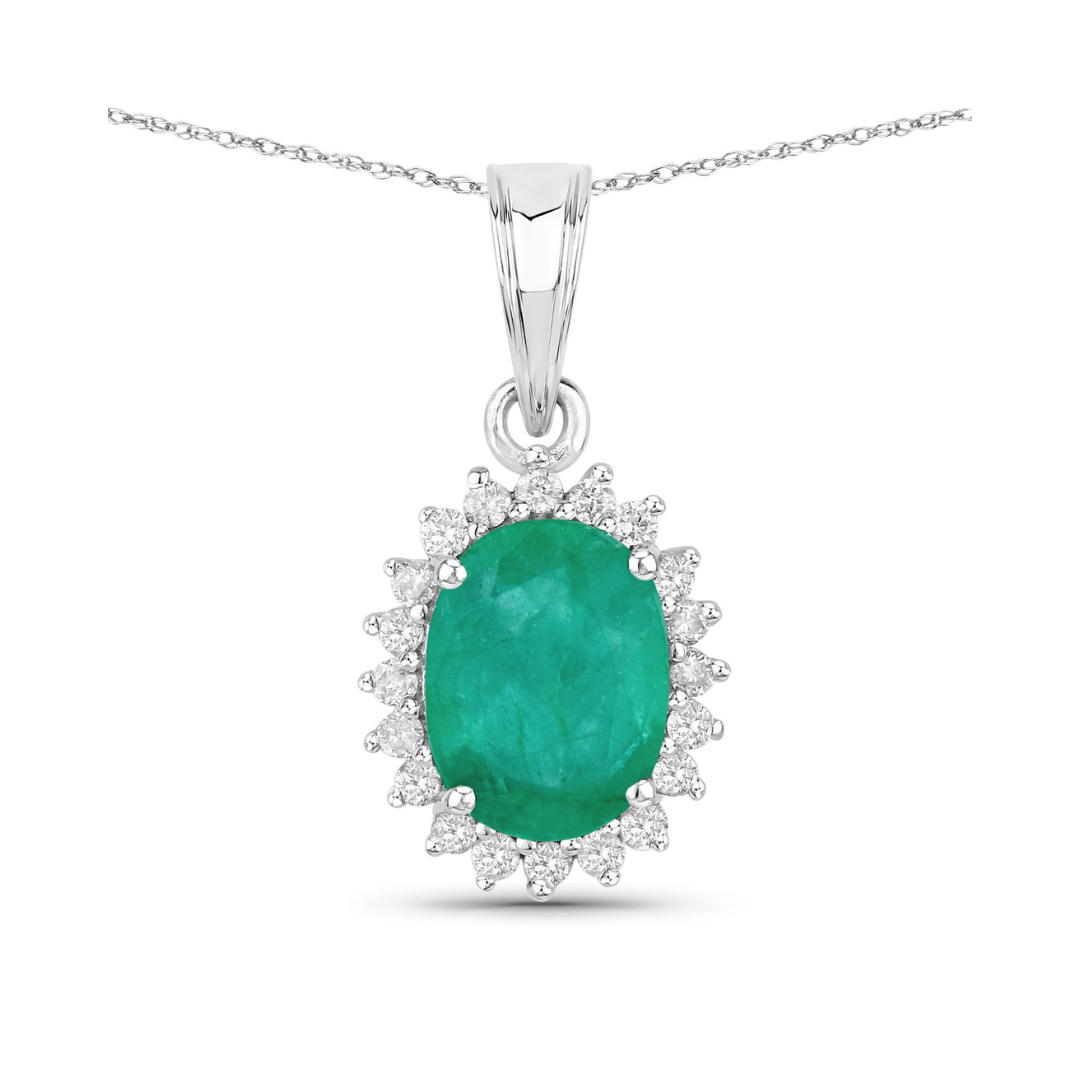 Genuine 10K Zambian Emerald and Diamond Pendant Halo