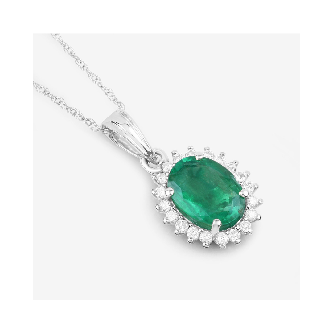 Genuine 10K Zambian Emerald and Diamond Pendant Halo